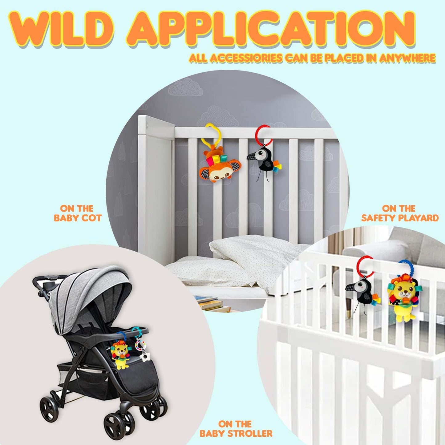 Innofans Baby Car Seat Animals Toys - Kick and Play Double Sided Infant Car Seat Toys with Plush Toys, Mirror, Teether for Baby, Babys Travel Activities, Christmas Birthday Gifts Newborn Infant Toys