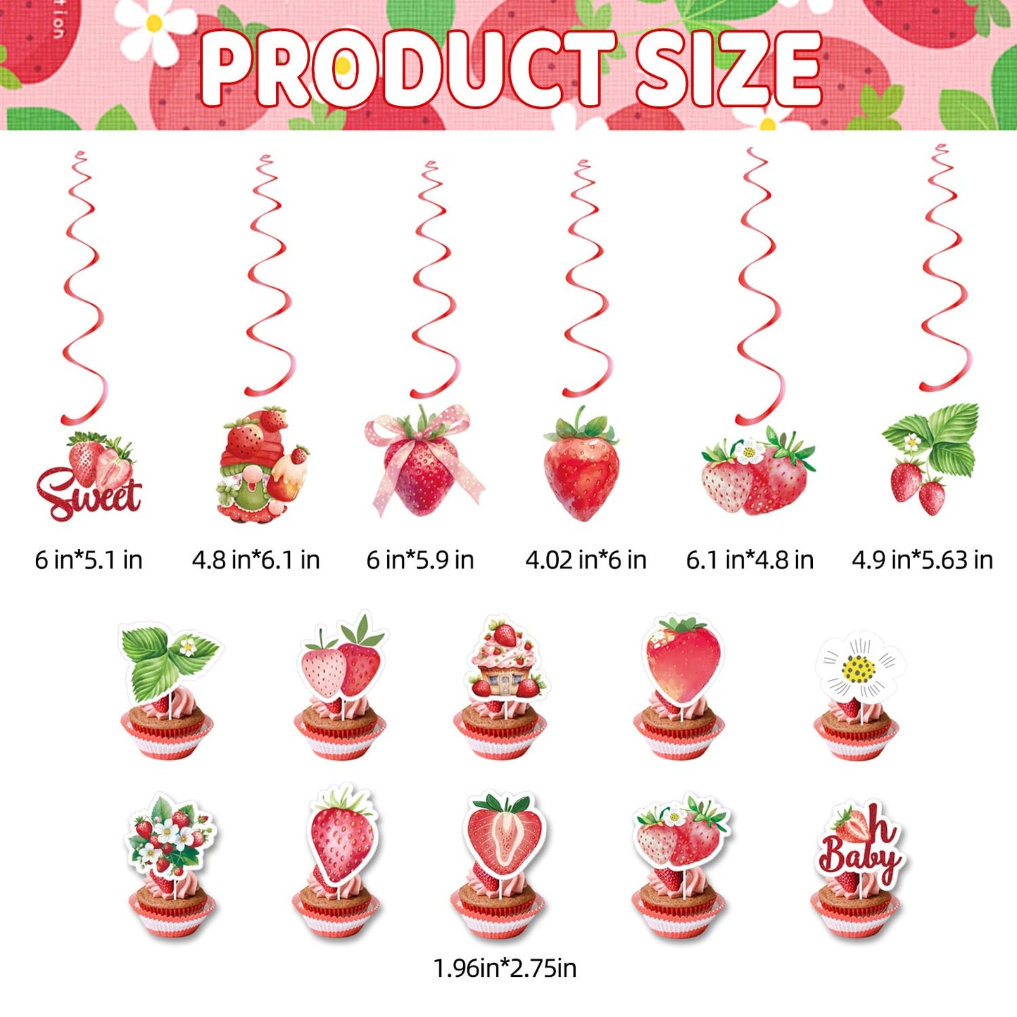 Strawberry Birthday Party Decorations Set - Cute Backdrop Banner, Hanging Banners, Swirls Streamers,Cake & Cupcake Toppers, Sweet Theme Party Supplies Kit for Girls, Kids, Baby Shower
