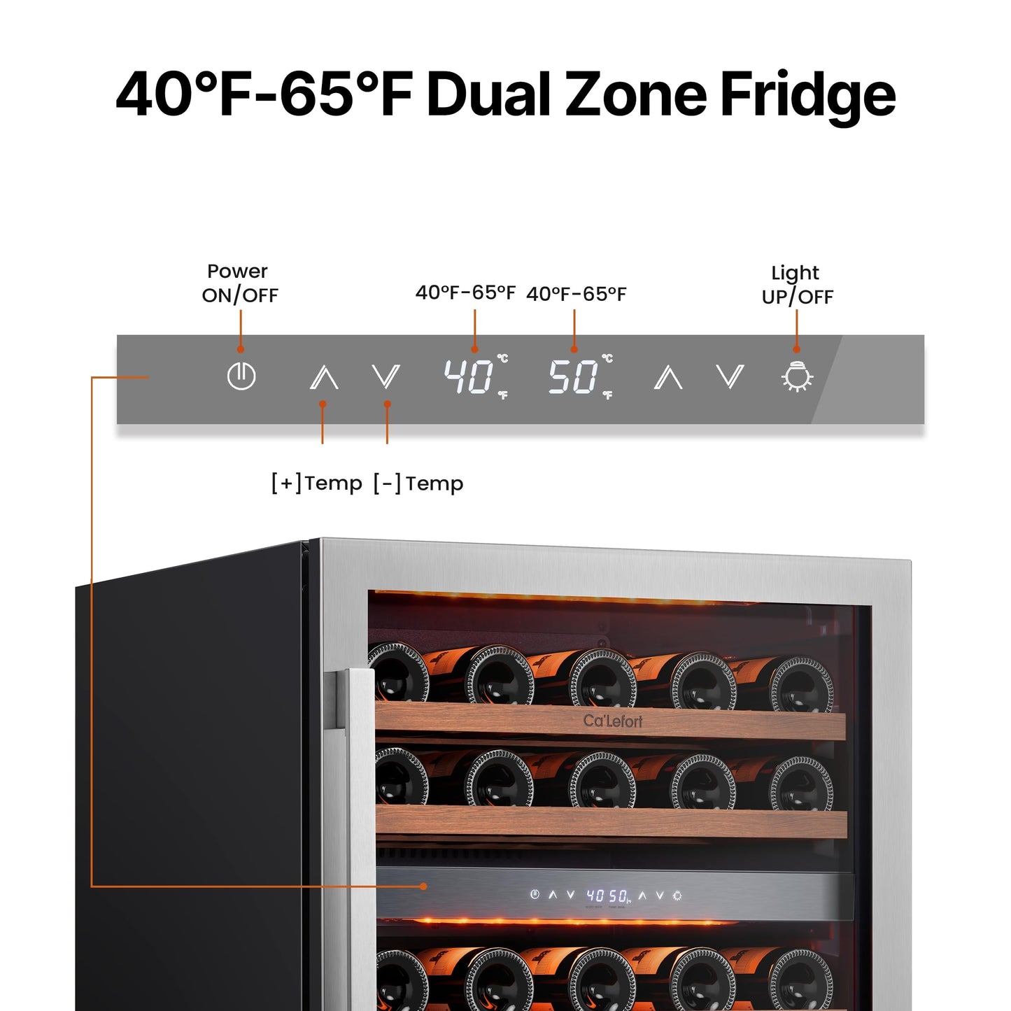Ca'Lefort 24 Inch Wine Fridge Cooler - 52 Bottles Dual Zone Cooler with Glass Door, 3 LED Built-in Compressor Fridge with Adjustable Shelves for Home Office Bar (5.65 cu.ft)