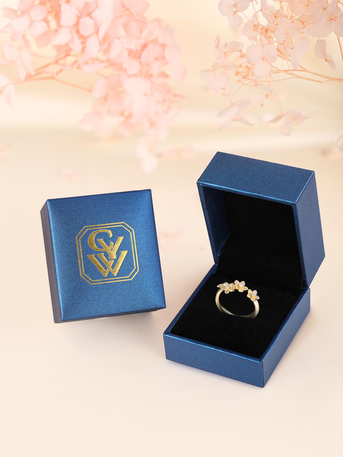 CYW Sterling Silver Moissanite Gold Stacking Ring Adjustable Cherry Flower Floral Blossom Womens Open Rings Size 9