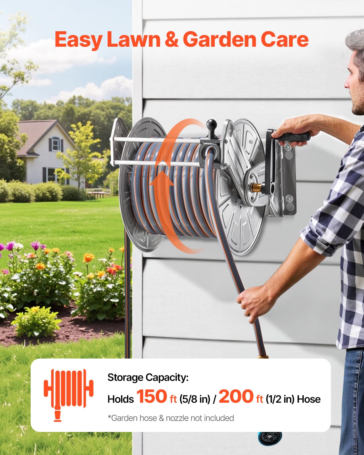 VEVOR Stainless Steel Wall Mounted Garden Hose Reel Heavy Duty, Holds 150 ft 5/8-inch Water Hose Winder, Outdoor Manual Reel with Brass Fitting & 5ft Leader Hose, Space Saving, for Yard Lawn Garage