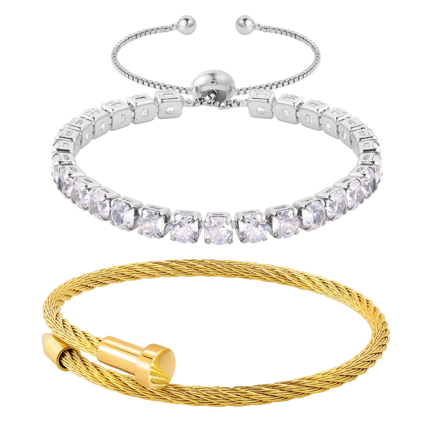 LCTrusttmor Gahna 2PCS Gold/Silver Plated Nail Bangle & Tennis Bracelet Set for Women, Stackable Cubic Zirconia Adjustable Bangle Jewelry, Dainty Mother’s Day Birthday Gift for Women
