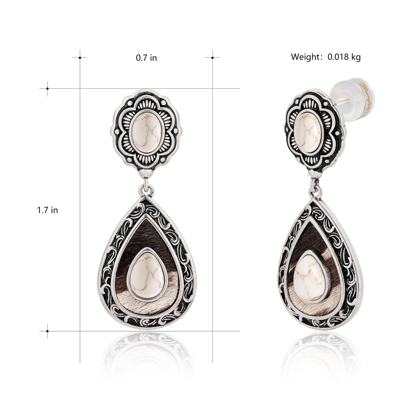 Wrangler Western TearDrop Dangle Earrings for Women Country Statement Genuine Horsehair Turquoise Vintage Cowgirl Cowboy Jewelry (Silver-White) WGE-2028S-WT