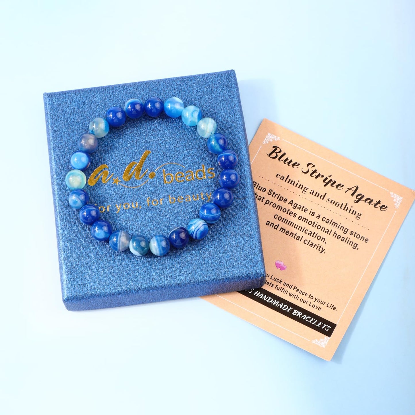 AD Beads 4mm Handmade Blue Stripe Agate Elastic Bracelet โ Natural Gemstone for Calming and Soothing โ Meditation, Yoga, Healing and Energy Gift for Men Women