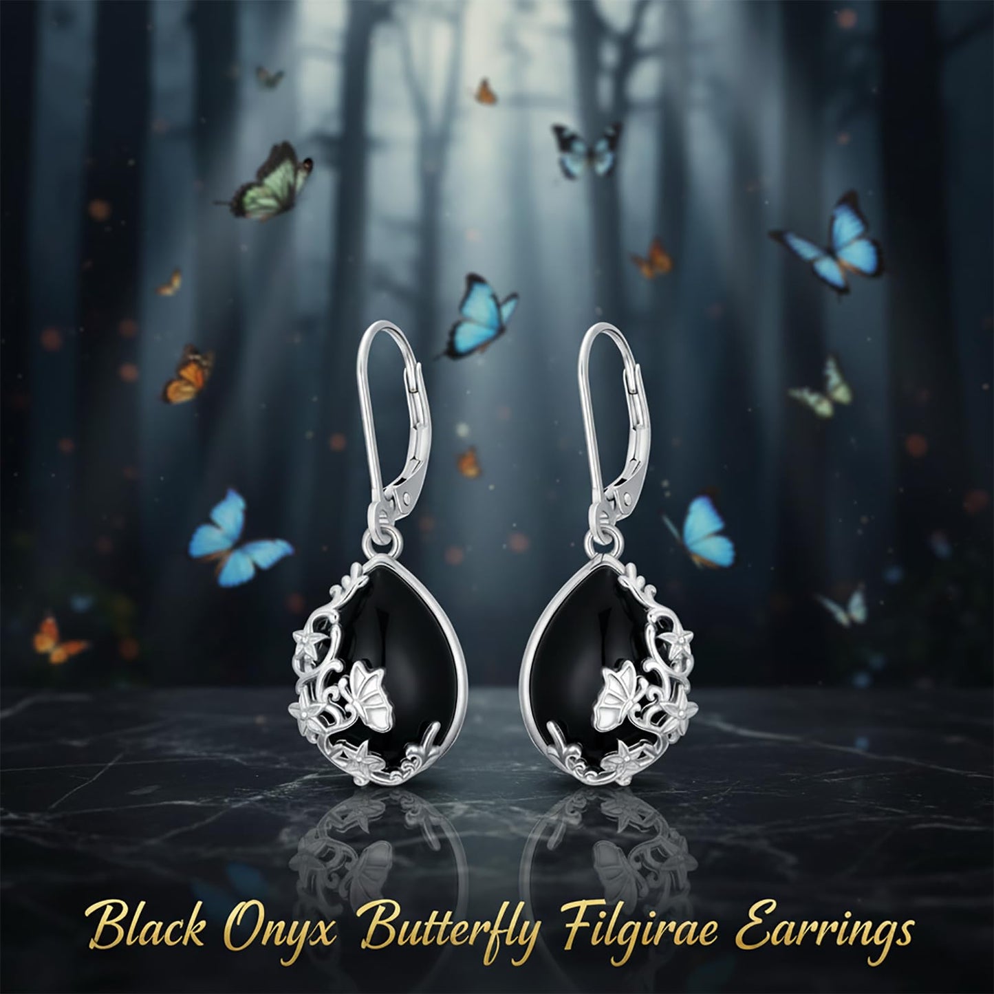 KoyeKei Black Onyx Earrings for Women 925 Sterling Silver Butterfly Filigree Dangle Drop Earrings Black Onyx Leverback Filigree Butterfly Jewelry Christmas Gift for Girlfriend Wife Daughter