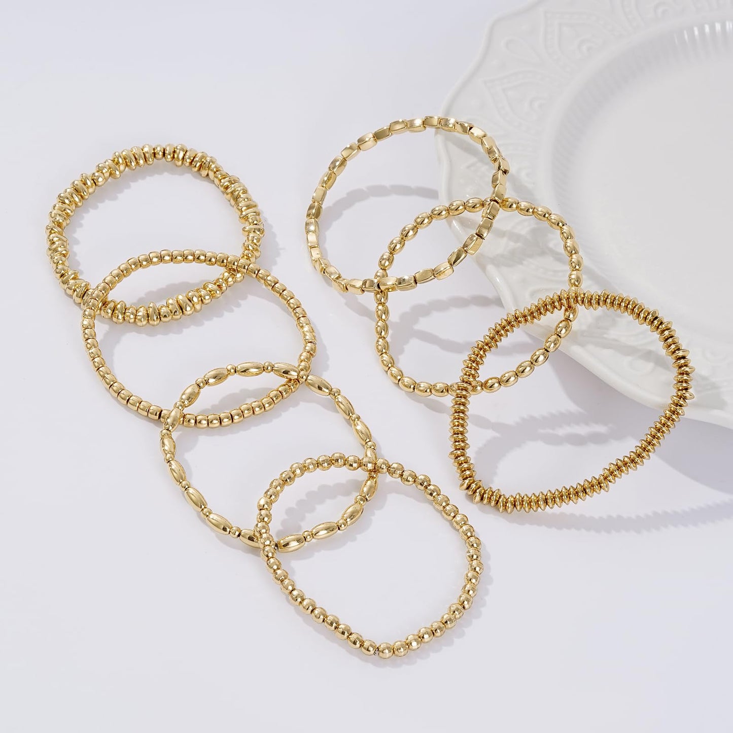 Sajidos Gold Plated Beaded Bracelets for Women Trendy, 14K Gold Plated Stack Cross Pearl Bead Stretch Bracelets Set Elastic Hypoallergenic Bracelets Jewelry Gifts (style5)