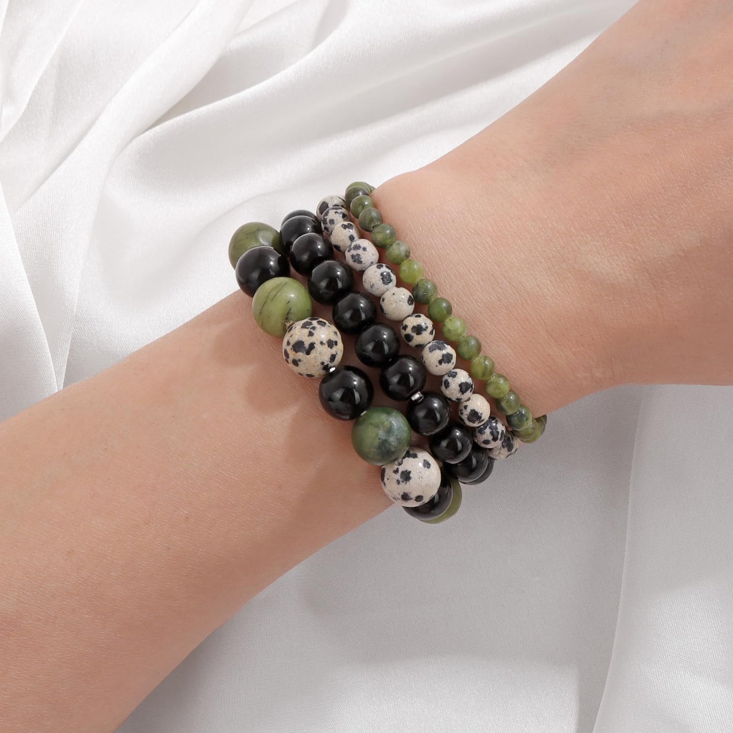 Vinswet 4pcs Natural Stone Beaded Bracelets for Women Men,Healing Crystal Gemstones Stretch Bracelet,4mm 6mm 8mm 10mm Southern jade Dalmatian Jasper Black Obsidian Anxiety Stress Relief Bracelet Jewelry Gifts