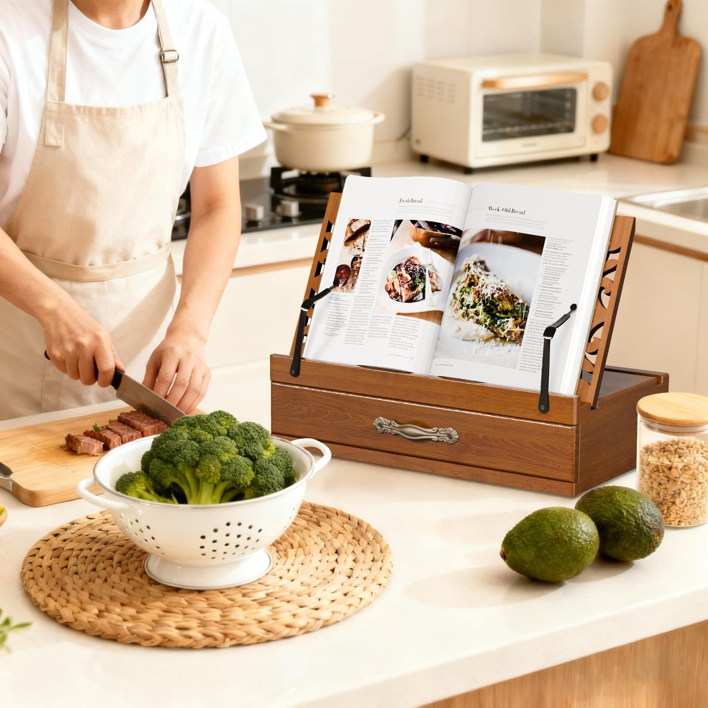Adjustable Wooden Book Stand with Storage - Multi-Function Hands Free Book Holder for Books, Tablets & Recipes with Cup Slot, Pen Groove & Page Holder - Perfect Kitchen Counter & Gifts for Book Lovers