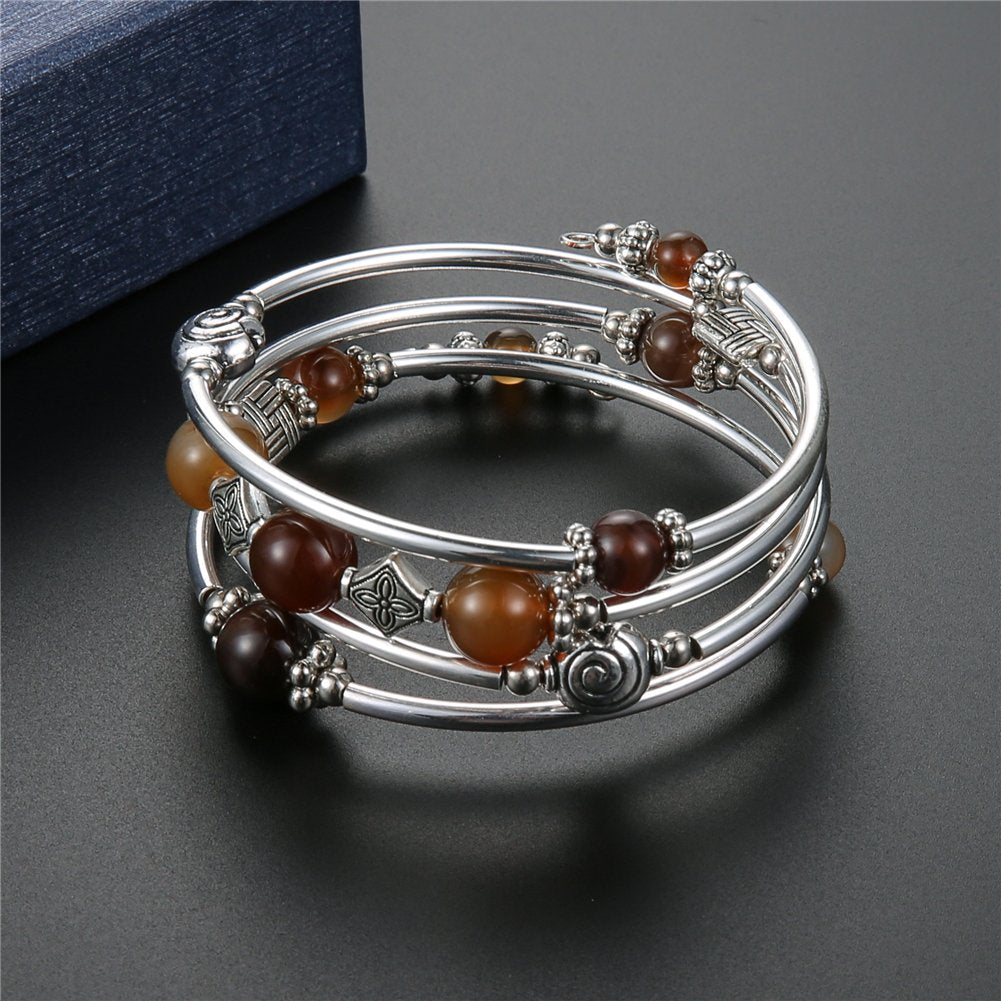Beaded Pearl Bangle Wrap Bracelet - Fashion Bohemian Jewelry Multilayer Charm Bracelet with Thick Silver Metal Beads, Gift For Women(Brown)