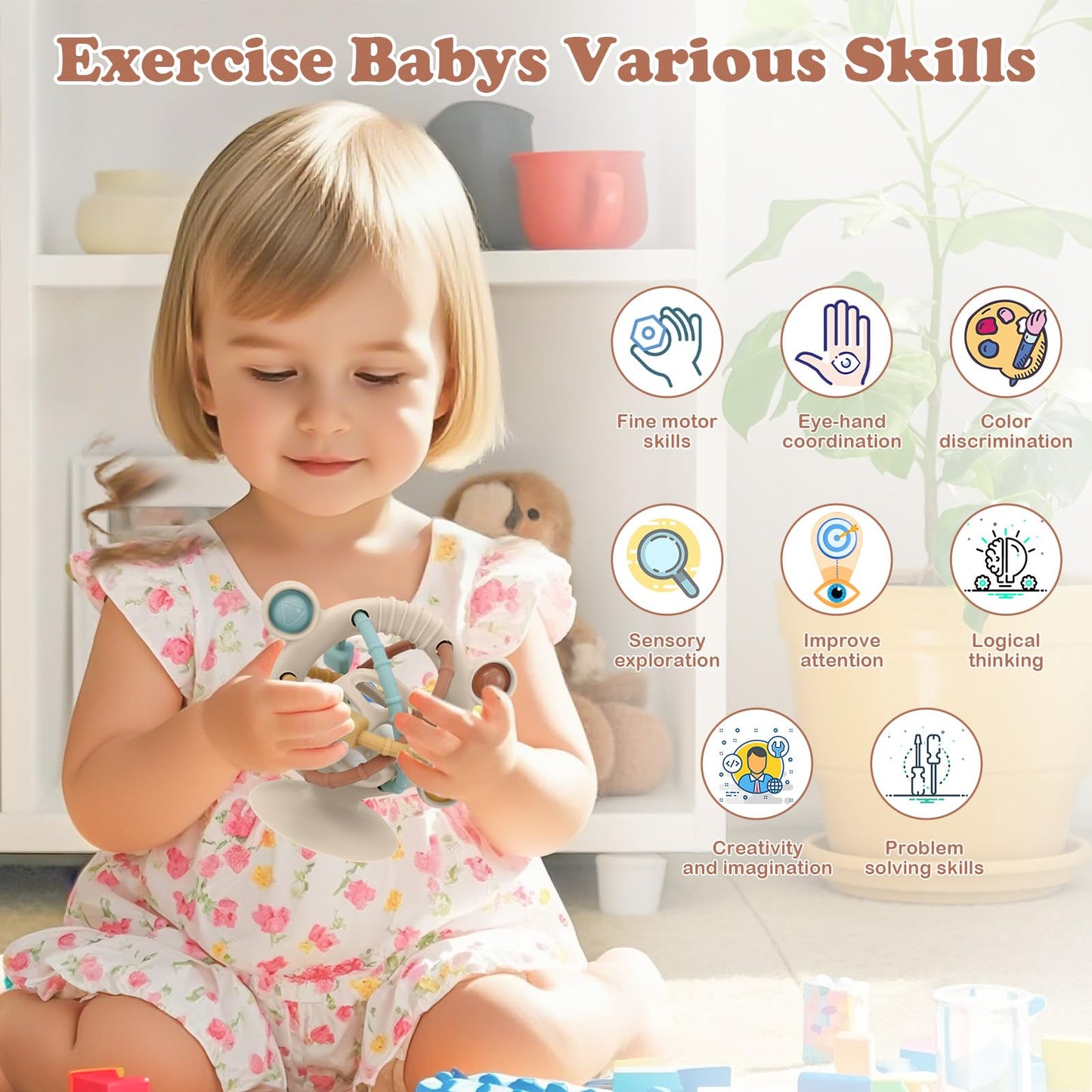 TYRY.HU Silicone Baby Teething Toys for Babies 0-6 6-12 Months, Multi Purpose High Chair Toys with Suction Cup, Baby Suction Table Toys, Montessori Sensory Toys with Rattle for Teething Relief, Khaki