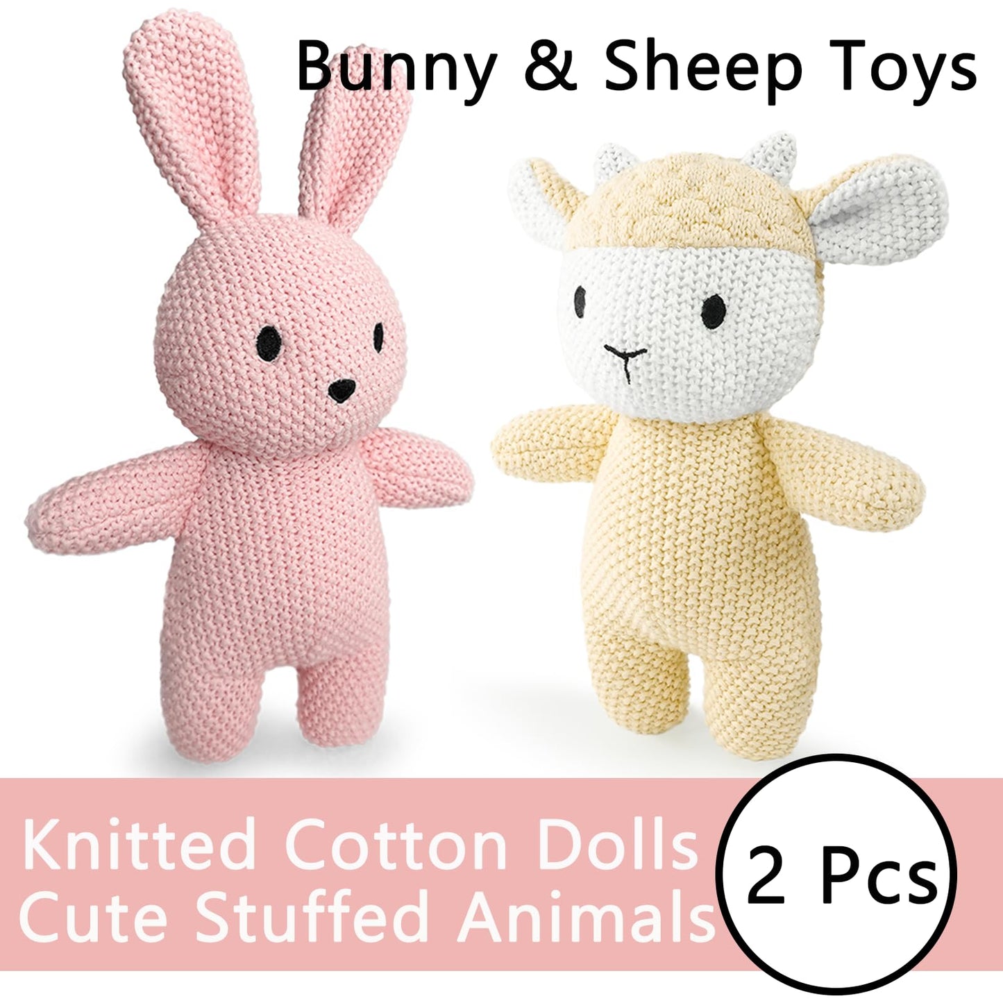 okegztoa 2 Pack Cotton Baby Plush Stuffed Animals Cute Bunny and Huggable Sheep Knitted Plush Toy Gifts for Kids and Newborns, Handmade Crochet Doll for Christmas, Easter (Rabbit+Sheep)