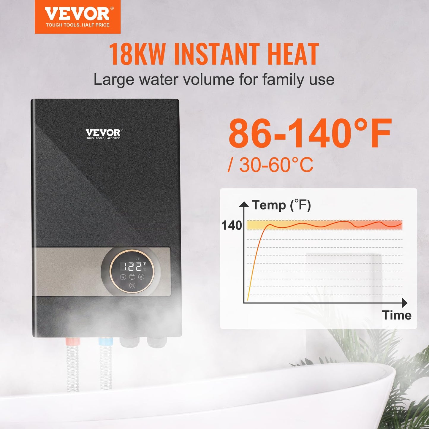 VEVOR Tankless Water Heater Electric 18KW, Compatible for Kitchen & Shower, LCD&Touchscreen, Digital Temperature Display, Child Lock, 240V, Black