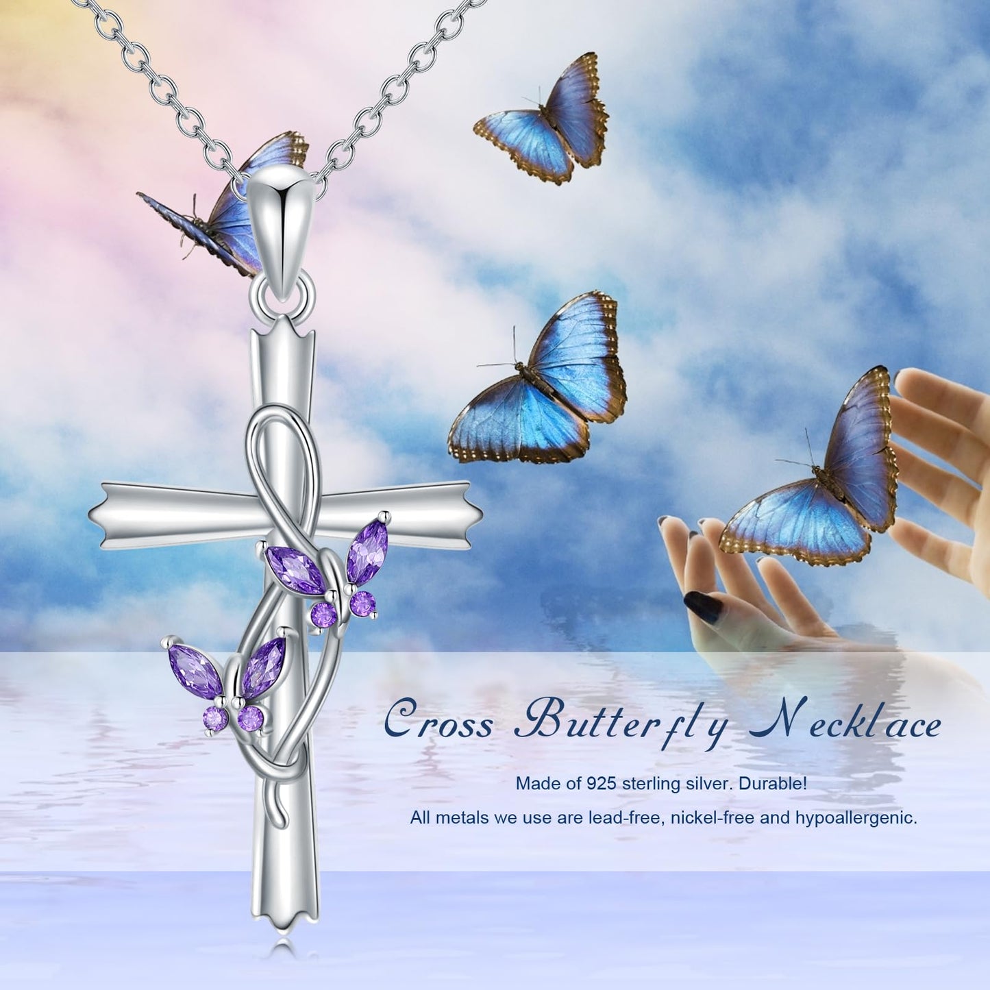 KoyeKei Butterfly Cross Necklace for Women 925 Sterling Silver Double Purple Butterfly Necklaces Christian Dainty Jewelry with Zircon Mothers Day Gifts for Mom Wife Lover