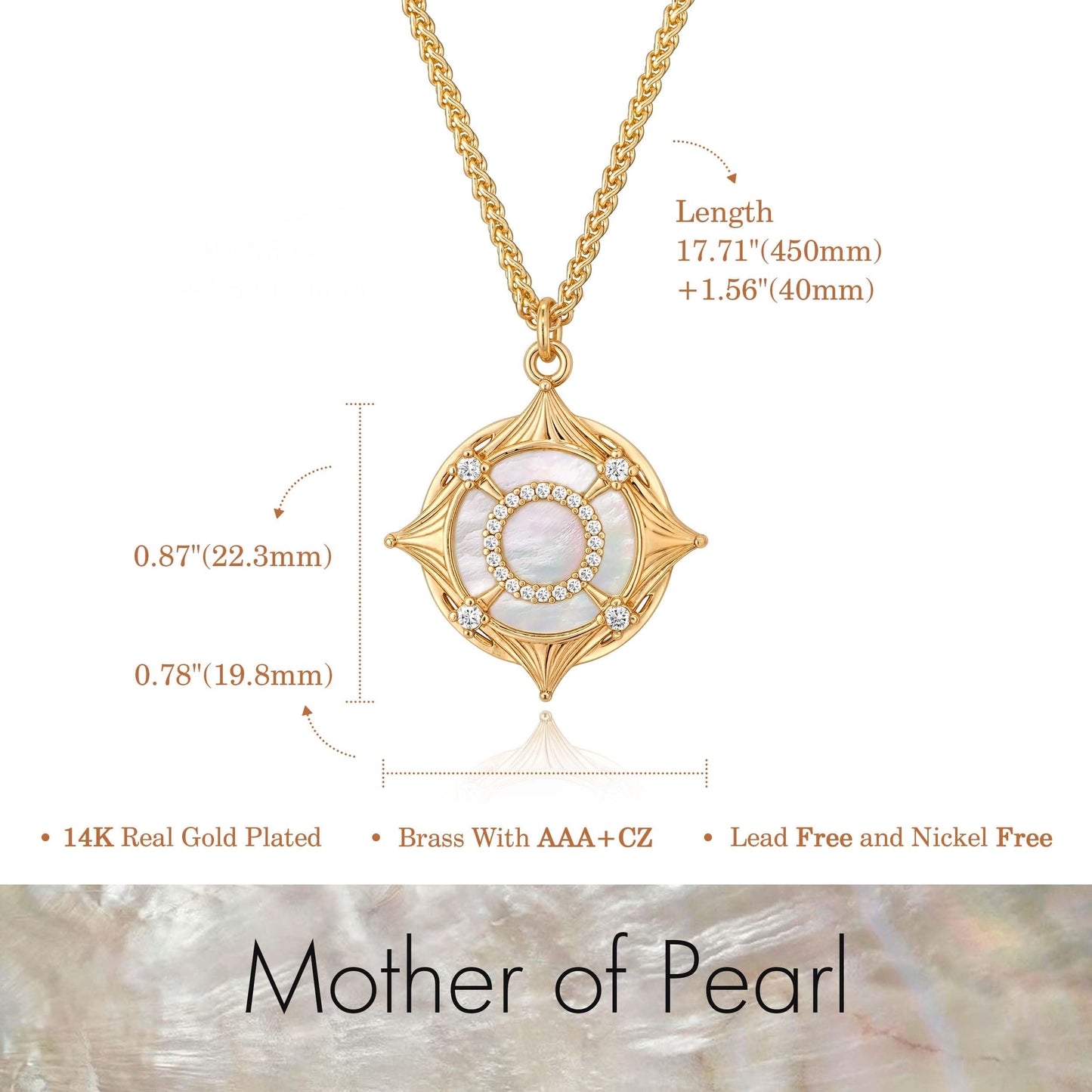 Fettero Dainty MOP Necklaces for Women, 14K Gold Plated Compass Pendant Cute Charm Neclace Delicate Pearl Beach Gold Necklace for Women Jewelry Gift