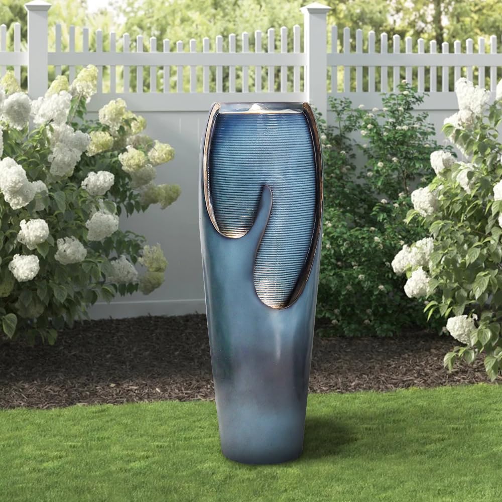 watnature 38.7”Tall Outdoor Water Fountains and Waterfalls - Indoor Water Urn Fountain, Modern Floor Standing Water Fountains with LED Lights and Pump for Garden, Patio, House Decor