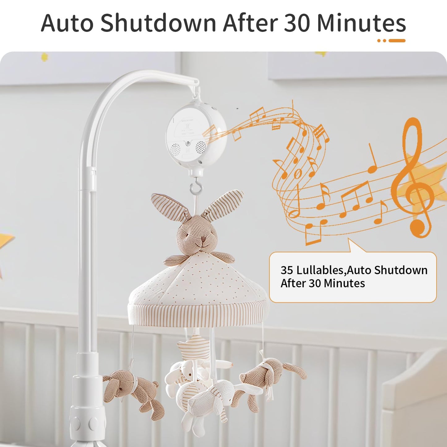 FEISIKE Baby Crib Mobile Arm with Music Box Spin Motor,23 Inch,Volume Control,3 Modes(Turn & Music,Turn Only, Music Only),Nursery Decor Hanger,Holder for DIY Clamp Mobile,35 Lullabies,30 Min Auto-Off