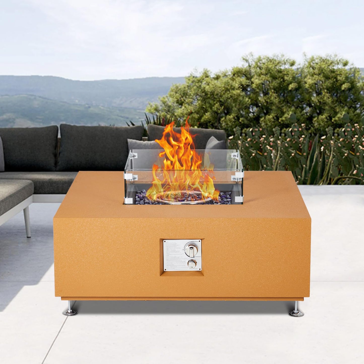 Outdoor Fire Pit Table 36 Inch, Outdoor Fire Pit Patio Fireplace Heater with Thermostat, Iron Yellow Leather-Color Fire Pit with Glass Wind Shield, Crystal Stones, Covers & Handles