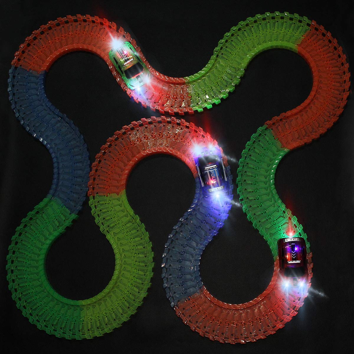 Tracks Cars Only Replacement, Flex Track Race cars for Magic Tracks Glow in the Dark, LED Lights Up Battery Operated Snap N Glow Trax cars Accessories, Compatible with Most Car Tracks for Kids (4pack
