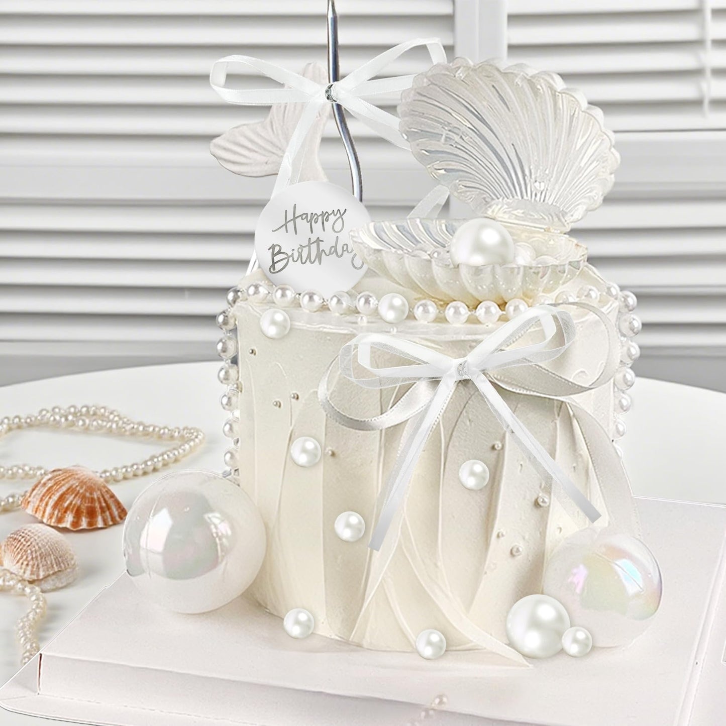 Knana 39Pcs Bow Cake Topper Shell Pearl Cake Decorations with Happy Birthday Cake Topper for Baby Shower Party Favors
