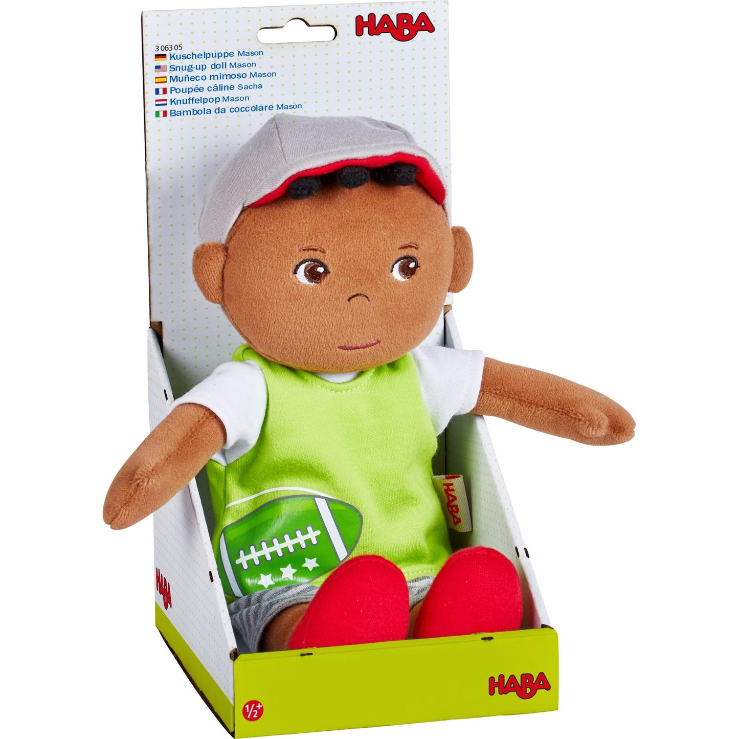 HABA Soft Doll Mason – 11.5" Plush Baby Boy Toy with Black Hair and Soft Toddler Companion for Ages 6 Months and Up, First Doll Gift for Kids, Machine Washable, Huggable & Durable