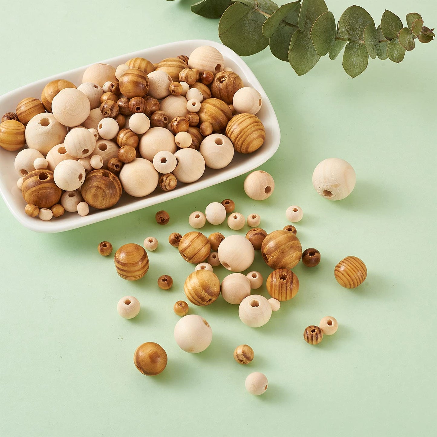 Craftdady 1010pcs Natural Wood Round Beads 7 Sizes Polished Wooden Ball Rondelle Loose Beads for Jewelry Bracelet Necklace Craft Making Home Party Decor