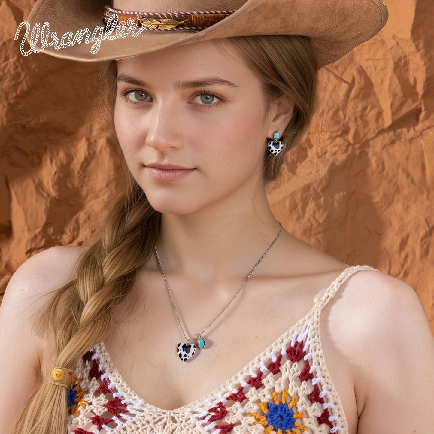 Montana West x Wrangler Western Pendant Necklace for Women 14k Gold Silver Heart Statement Turquoise Cowgirl Vintage Trendy Fashion Jewelry WNS-1129S-TQ