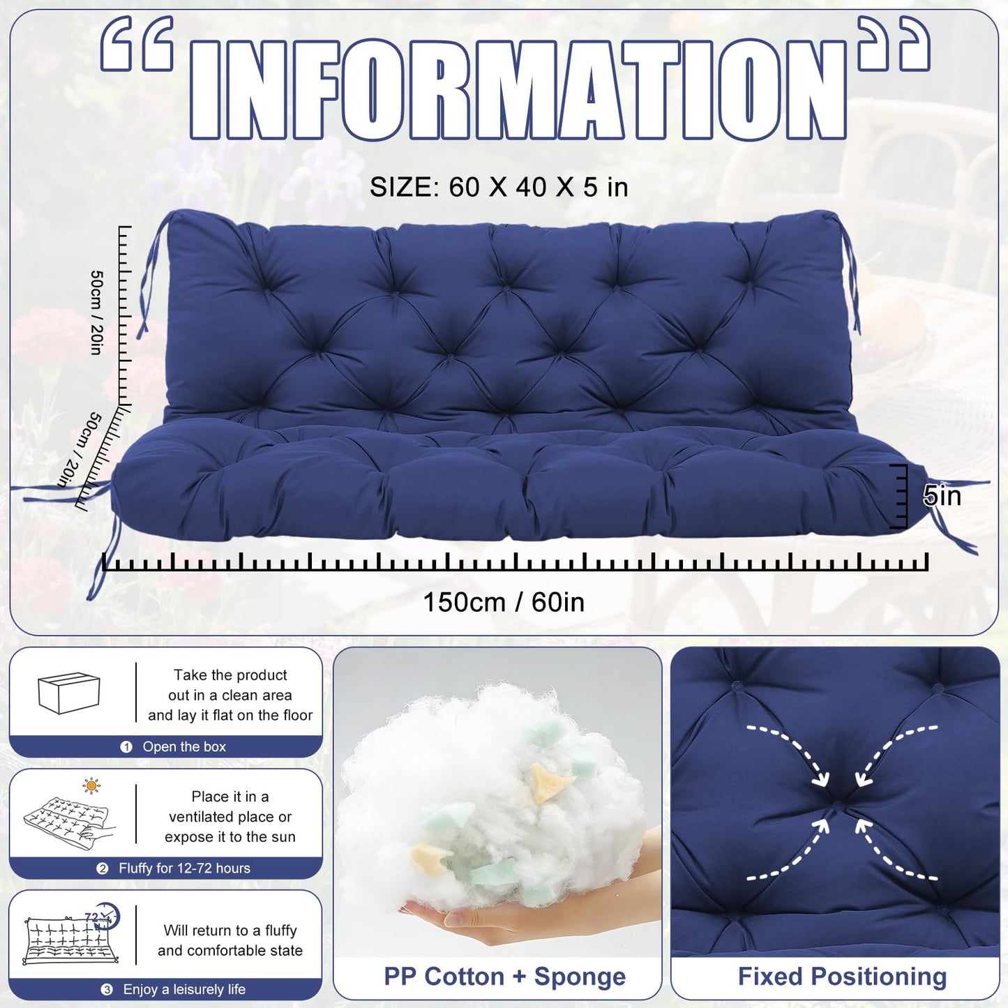 SXBFHGH Swing Cushions 3 Seater Replacement Waterproof Outdoor Porch Swing Cushion with Backrest Extra Thick 5" Swing Cushions for Outdoor Furniture Patio Bench Garden Backyard (Navy Blue 60x40x5inch)