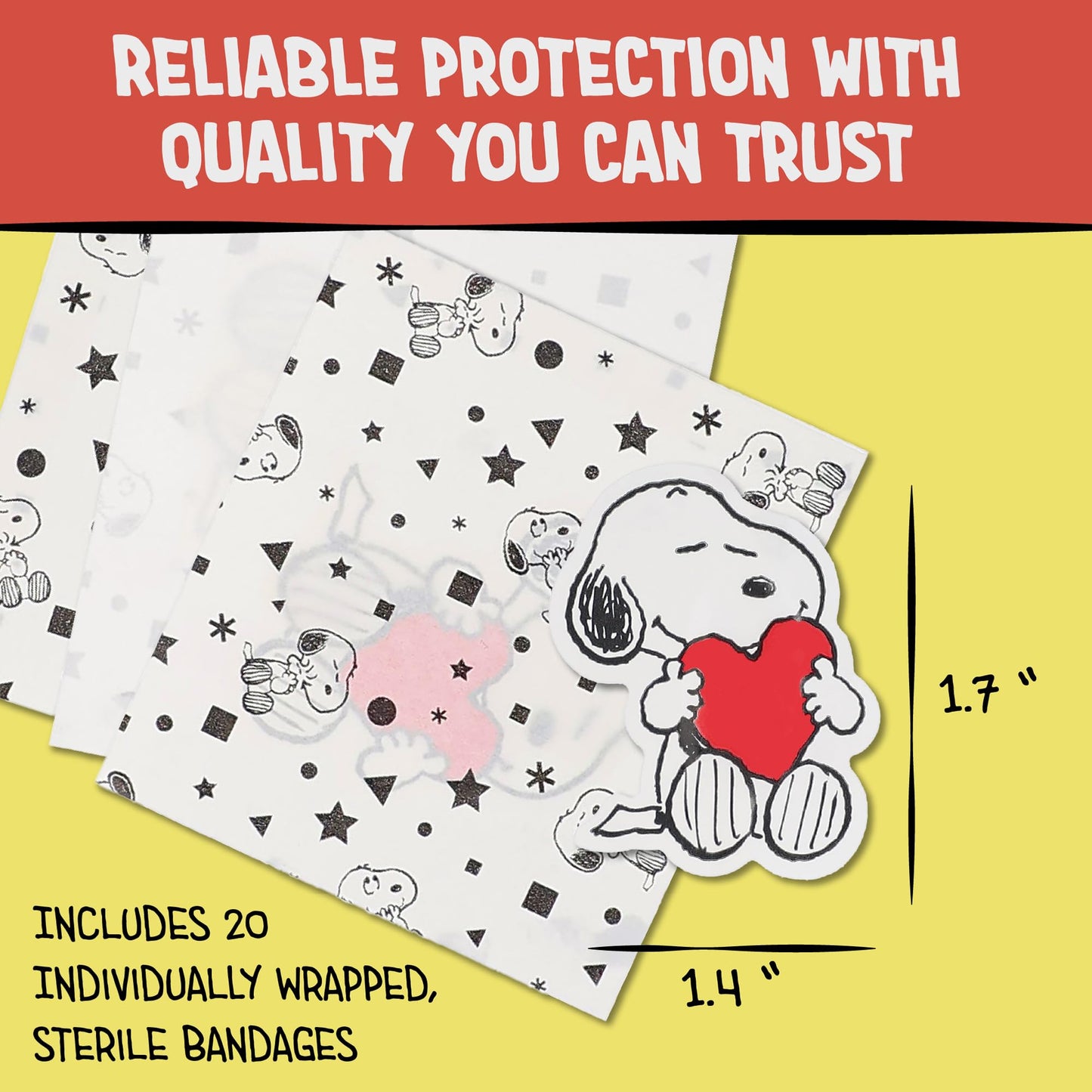 AQUARIUS Peanuts Snoopy Adhesive Bandages – 20 Count Cartoon Snoopy Bandages in Travel Case, Kids First Aid Supplies, Latex-Free Nonstick Sterile Plasters for Minor Cuts