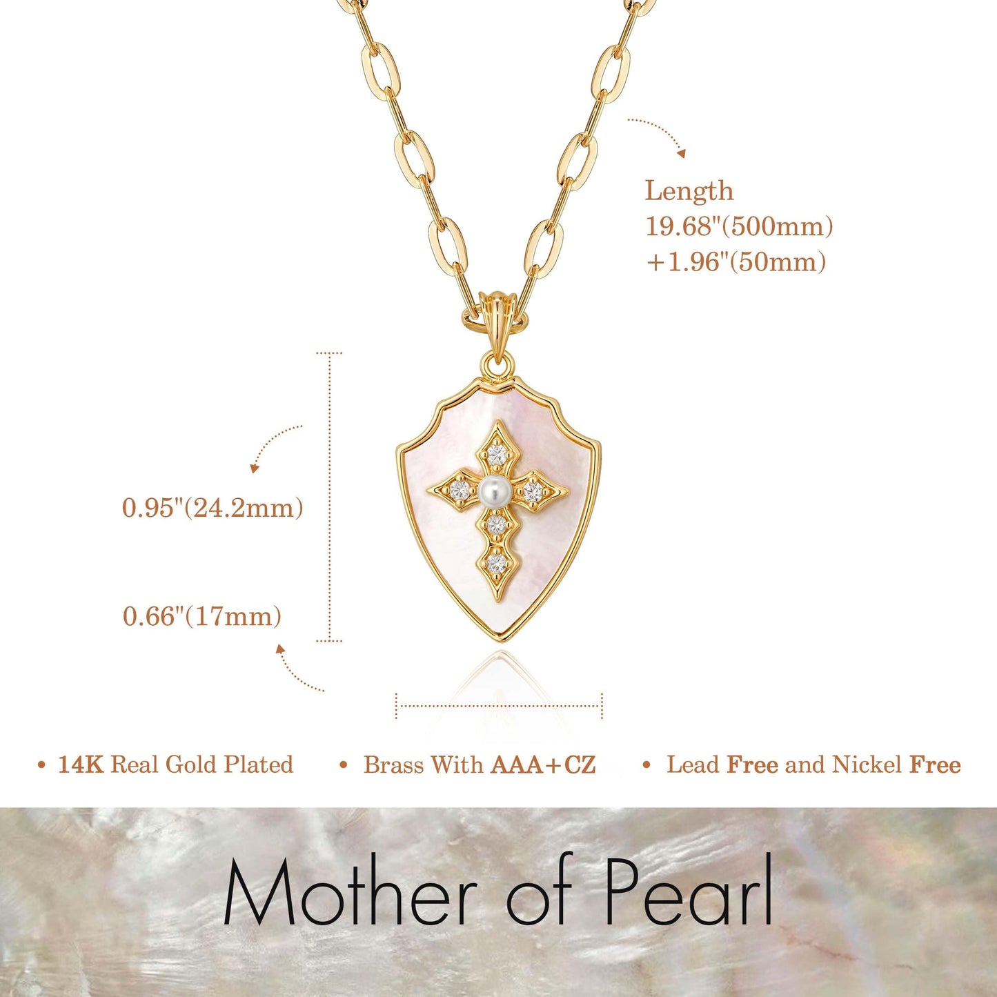 Fettero Dainty Mother of Pearl Necklaces for Women, 14K Gold Plated Necklace Shield Armor of God Pendant Cross Faith Necklace Jewelry for Protection Gift