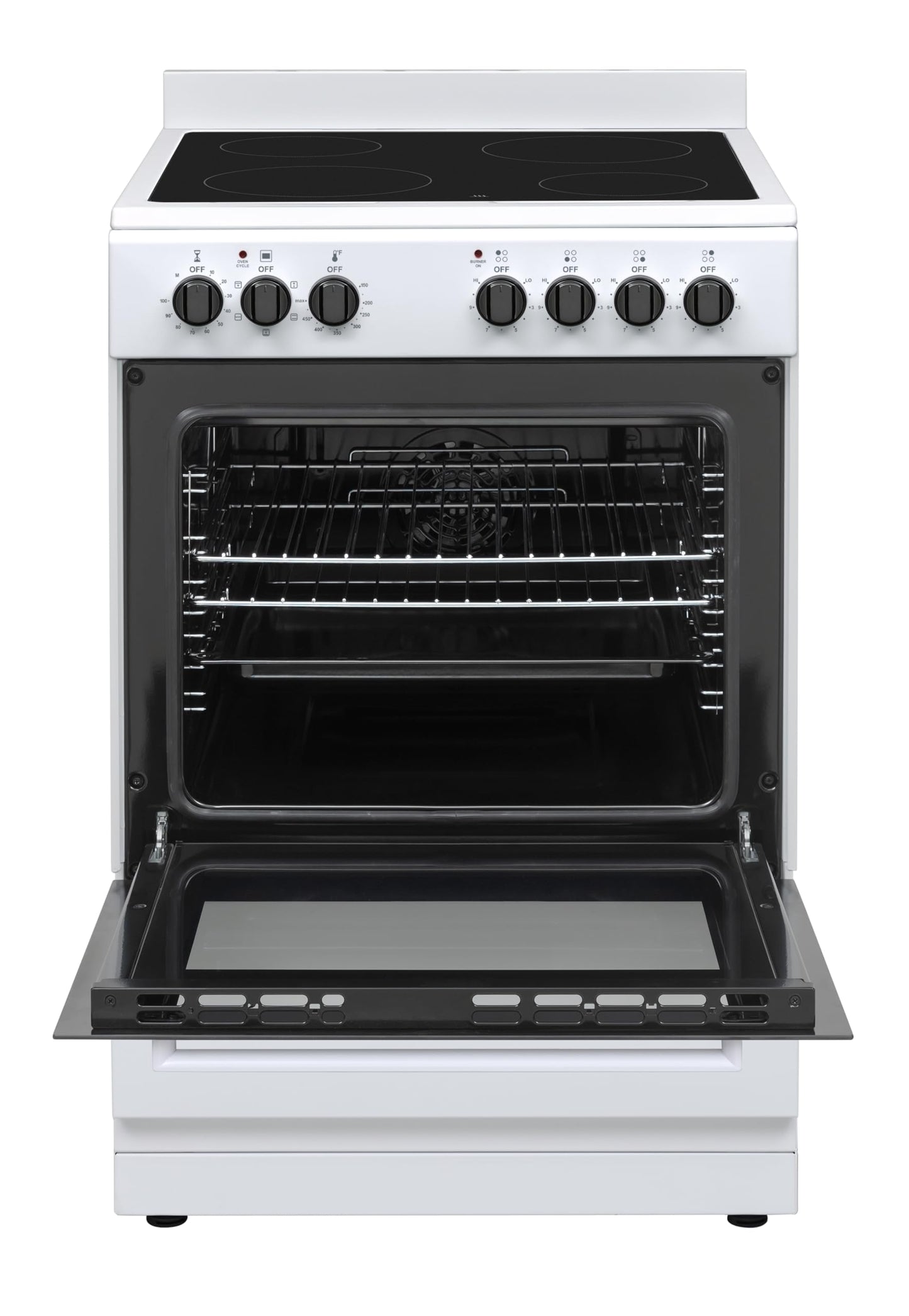 Premium Levella PREV2405VW 24 in Freestanding Vitroceramic Smooth Cooktop Electric Range with 4 Burners and 2.4 Cu. Ft. Single Convection Oven in White