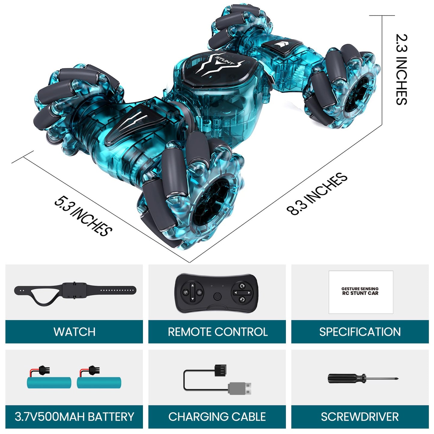 Tecnock Remote Control Car for Boys Girls, 2.4GHz 4WD Gesture Sensing RC Stunt Car Toys - 360° Rotating Double Sided Hand Controlled RC Cars with LED Lights, Gifts for Kids Ages 6-8, 8-12