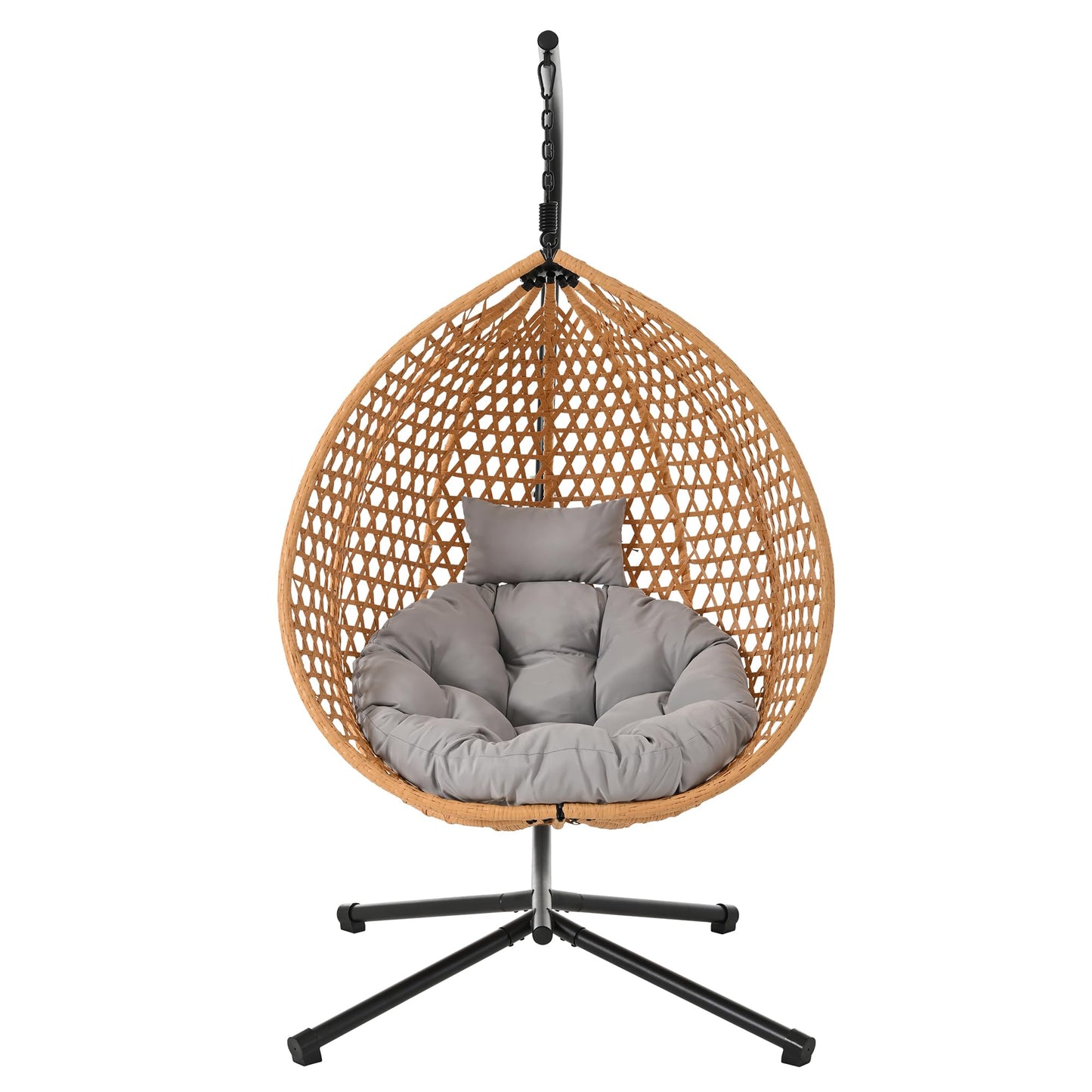 GDFStudio Hammock Chair with Stand, Rattan Weave Hanging Egg Chair with Cushion, Iron Frame Swing Ceiling Chair for Indoor Outdoor Patio Balcony Porch Garden, Patio Furniture, 330lbs, Brown+Gray