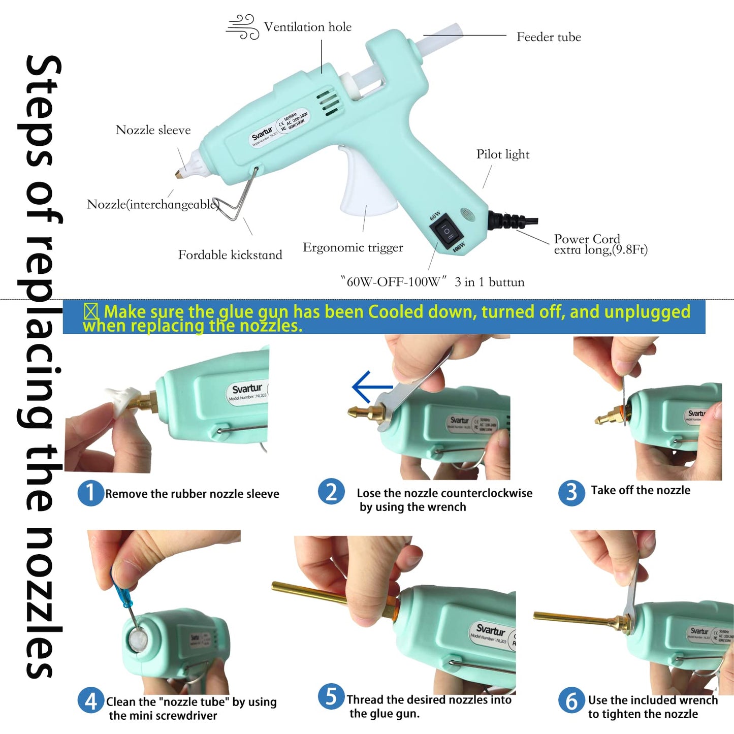 Full Size Hot Glue Gun Kit with 60W/100W/OFF Switch, 9.8ft Extra-long Power Cord Industrial Glue Gun with 2 Nozzles, 15 Glue Sticks, Case, Dual Power High Temp Hot Melt Glue Gun Large for Craft, Green