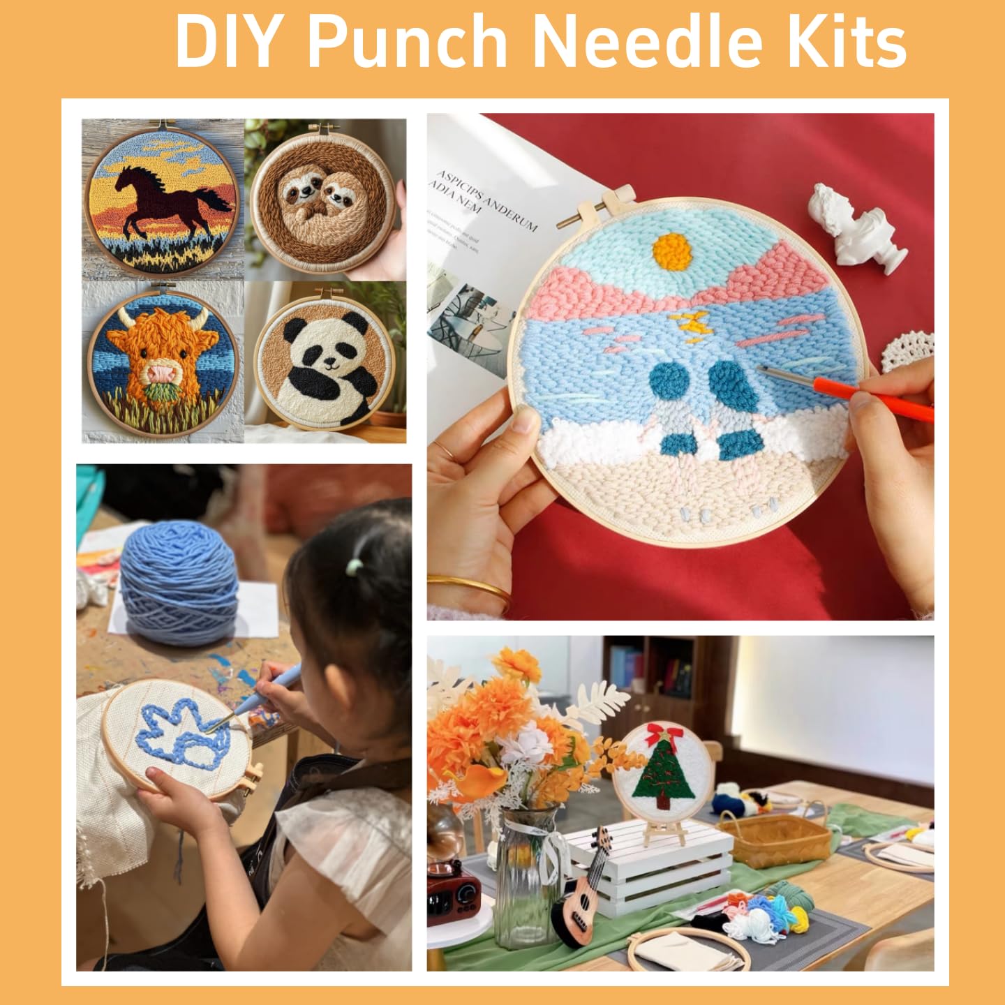 DIY Punch Needle Kits Hummingbird Flying in Flowers Easy for Beginners Punch Needle Embroidery Set with Hoop Stamped Pattern for Craft Lovers and Home Decor-13