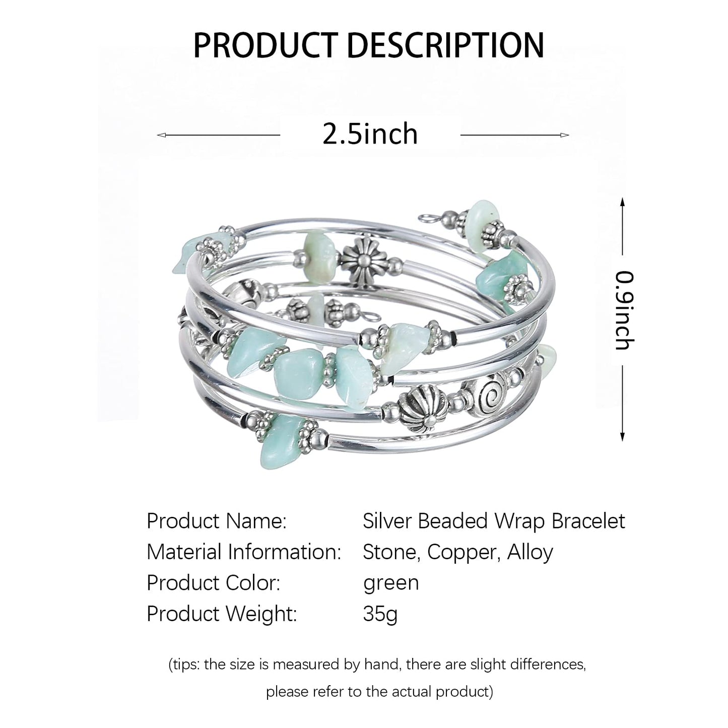 FULU AUTUMN Stone Silver Bangle Wrap Bracelet Boho Turquoise Crystal Chips Bead Bracelets Fashion Jewelry Birthday Gifts for Women(19-Green)