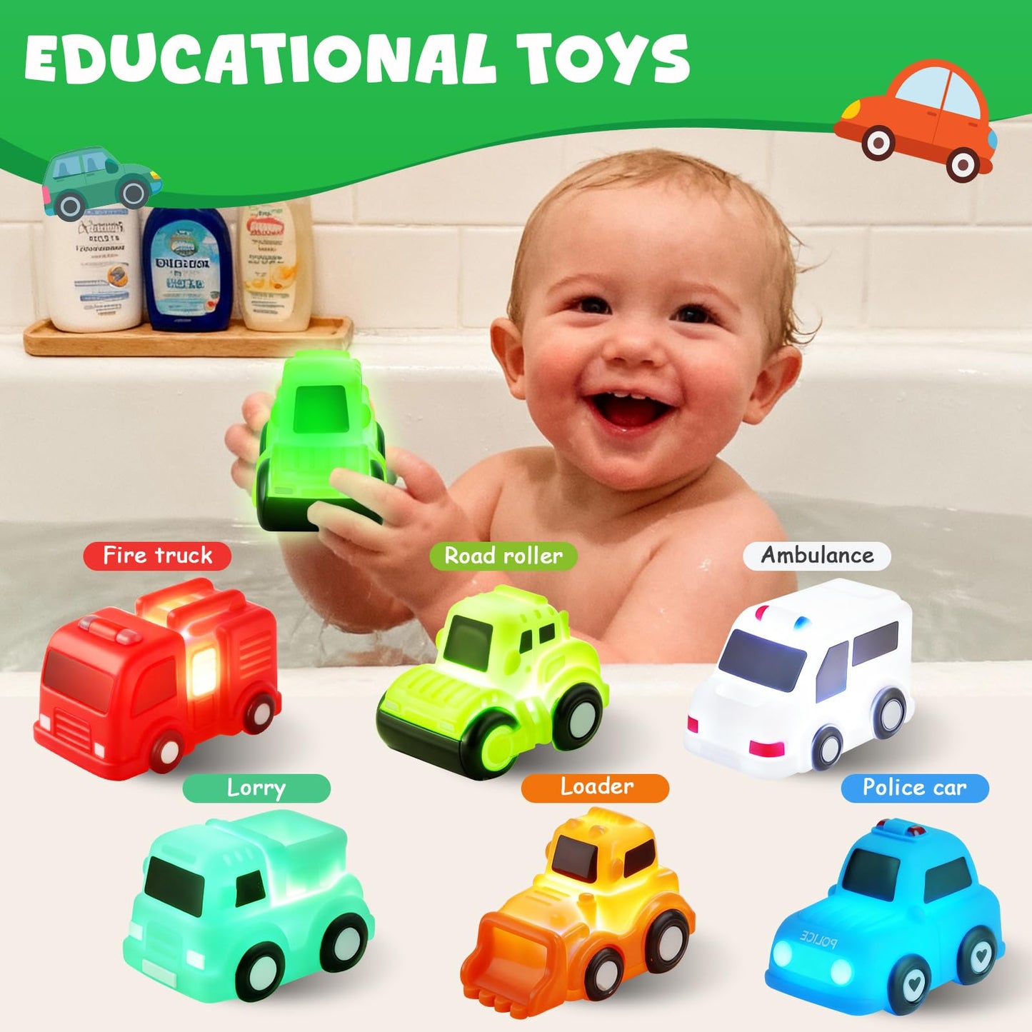 Baby Bath Toys, 6 Pack Light Up Cars Bath Toys, No Hole No Mould Bathtub Toy for 1 2 3 Year Olds, Flashing LED Sensory Toy for Toddlers, Bath Time Shower Gifts for Boys and Girls