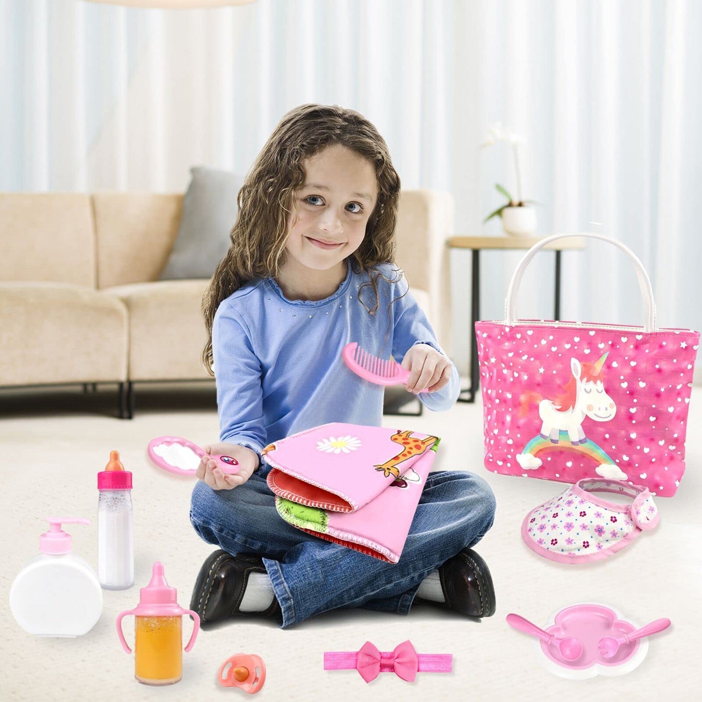 BNUZEIYI Baby Doll Accessories - Feeding and Caring Set With Diaper Bag, Bottles for Girls Toys Gift, Stuff Clothes Fit 14-16 Inch and 18 Inch Dolls