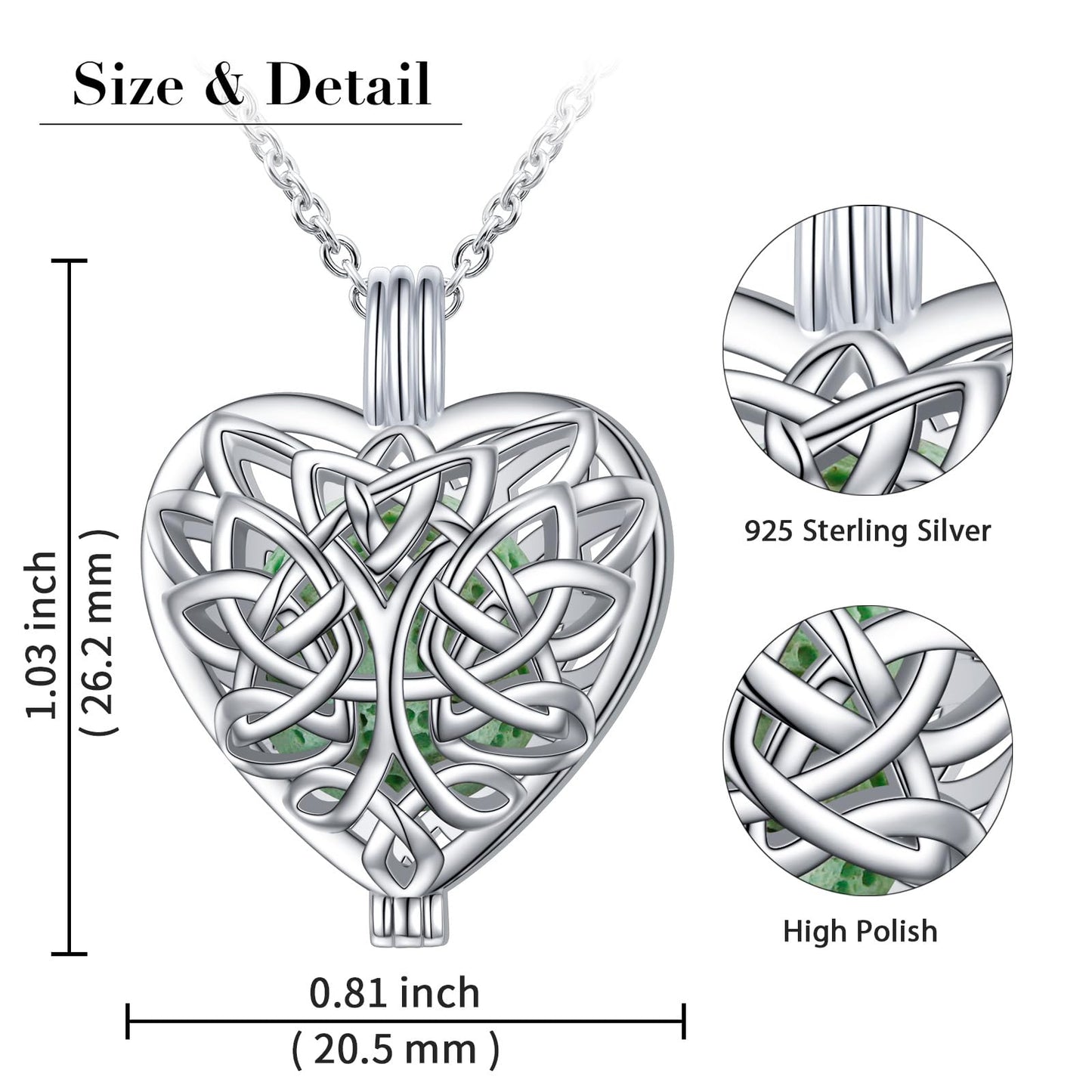 S925 Sterling Silver Aromatherapy Essential Oil Diffuser Necklace Love Heart Celtic Knot Tree of Life Locket Perfume Pendant Necklace Jewelry 18+2 inches Adjustable Chain with 10 PCS Stones