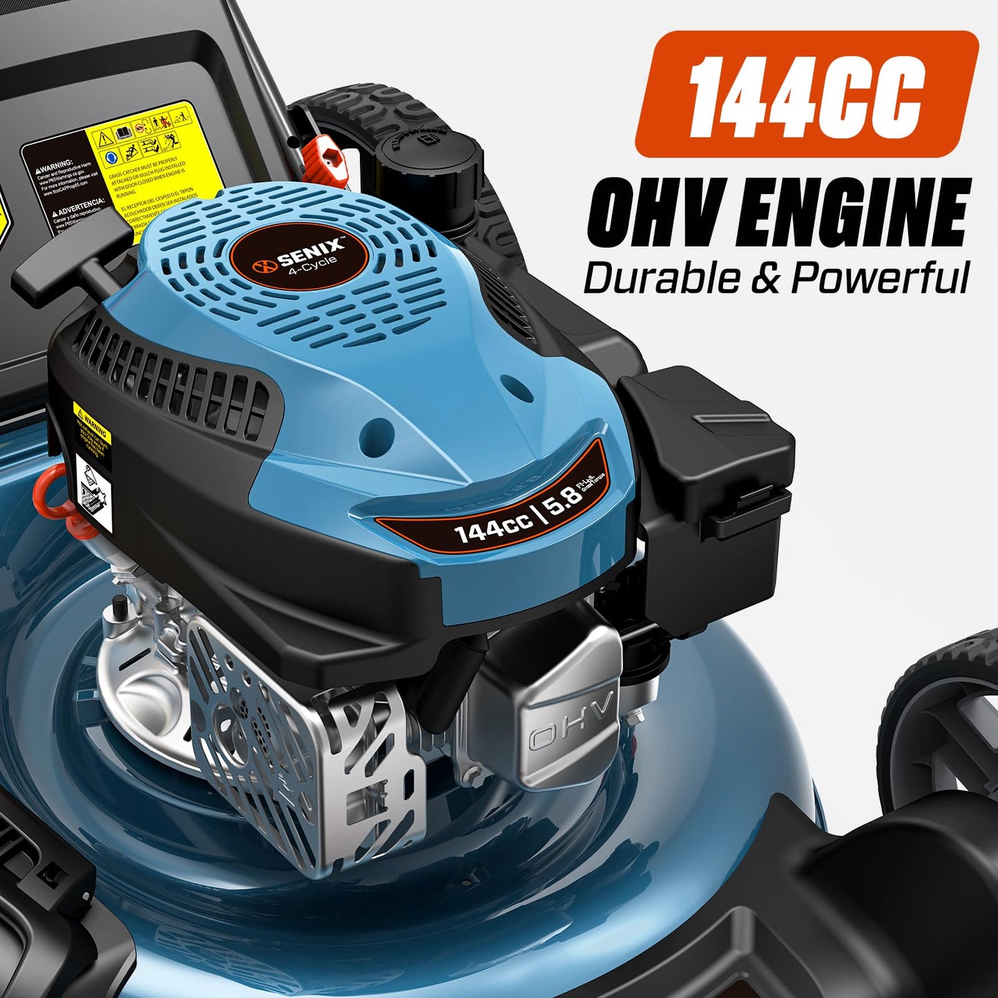 SENIX 144 cc 21-inch Push Lawn Mower, Gas-Powered 4-Stroke Engine, 3-in-1 Design, Steel Deck, 6-Level 1.25''-3.75'' Cutting Height, with 1.7 Bushels Grass Bag