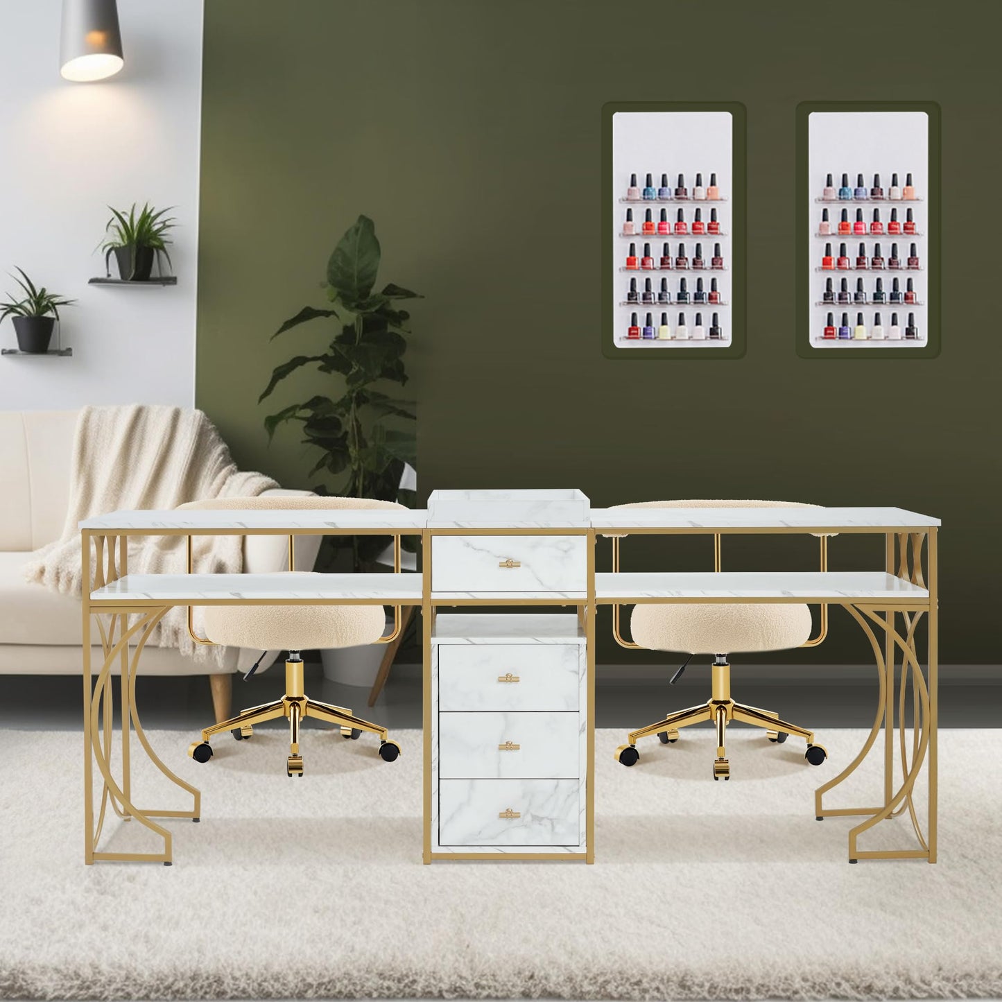 BarberPub Double Manicure Table, Nail Marbling Texture Station for 2 Person, Long Nail Desk with Storage Drawers & Metal Frame 2488 (White)