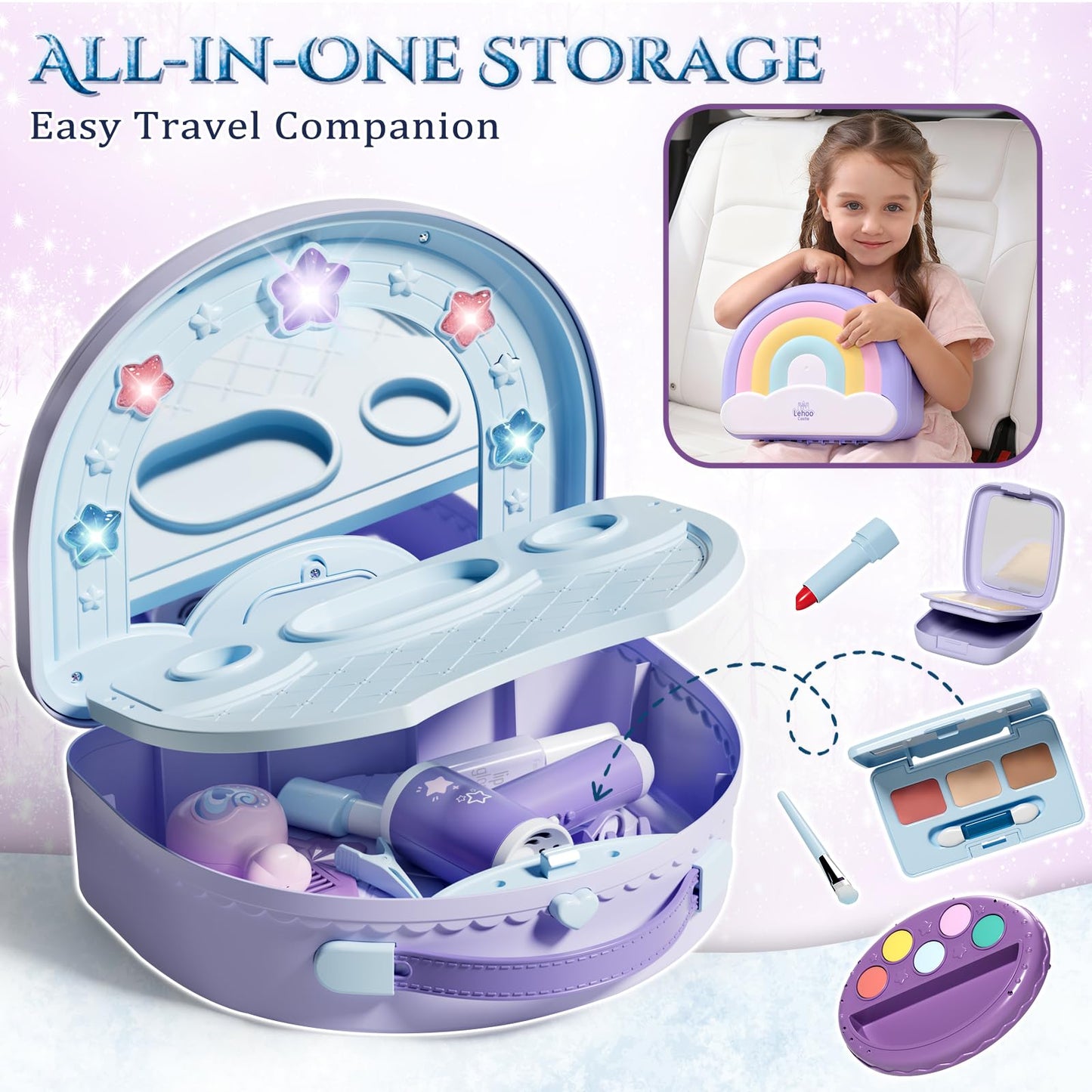 Lehoo Castle Toddler Vanity with Makeup Set, Portable Makeup Vanity for Girls with Lights Music Electric Hairdryer, Pretend Play Princess Toys for Dress Up, Birthday Gifts for 3 4 5 Years Old Girls