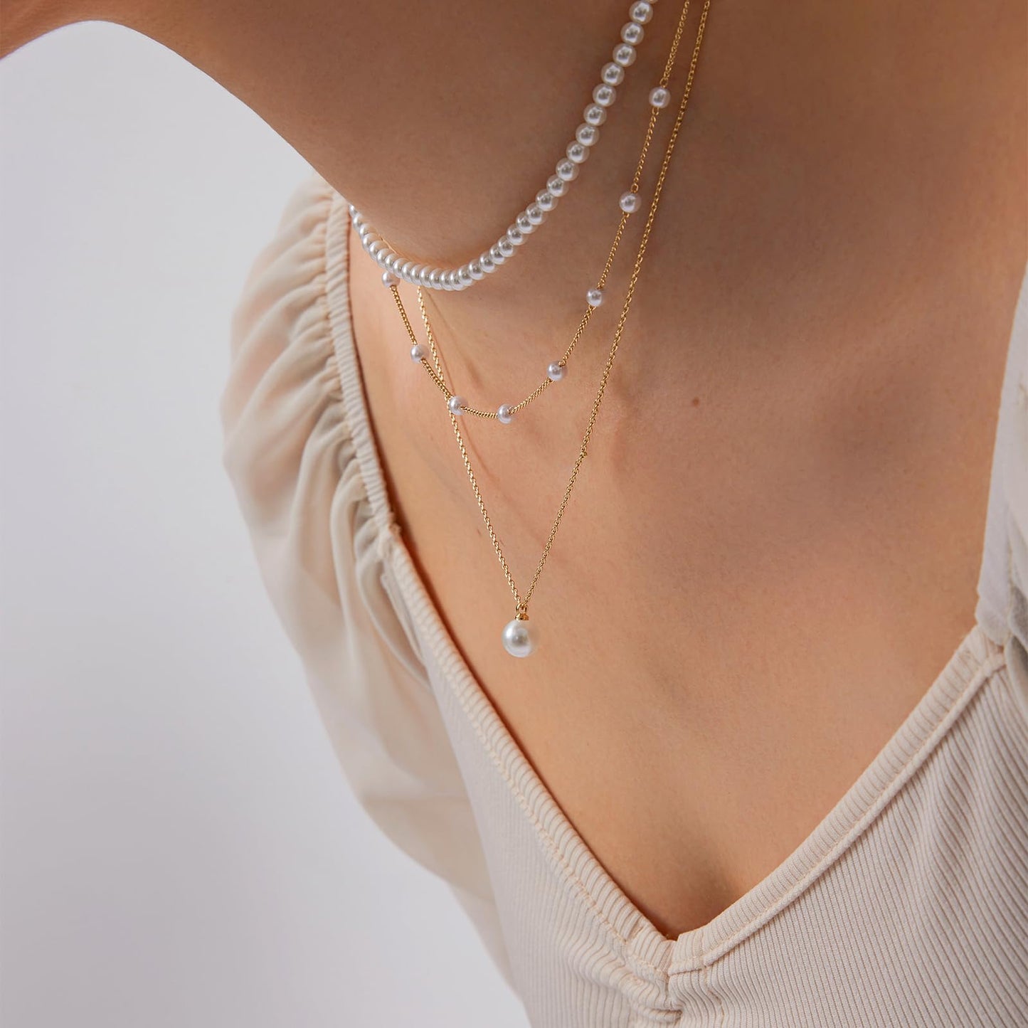 Luxval Layered Gold Pearl Necklaces for Women 14K Gold Plated Dainty Layered Tiny Single Pearl Choker Trendy Cute Gold Necklace Stack Wedding Jewelry Sets for Women Bridesmaid Gifts
