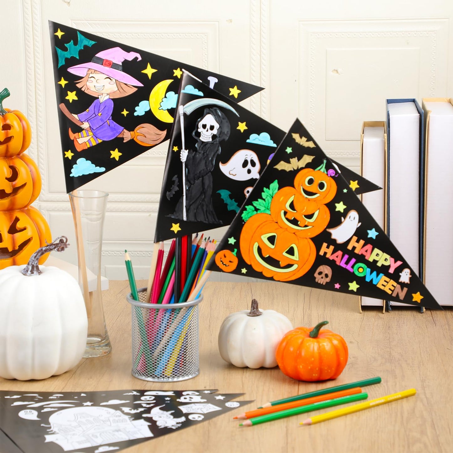 Humyoun 36 Packs Halloween Coloring Crafts Color Your Own Flag Pumpkin Witch Ghost Mummy Skeleton Craft Kits for Halloween Home DIY Activities Haunted House Party Favors