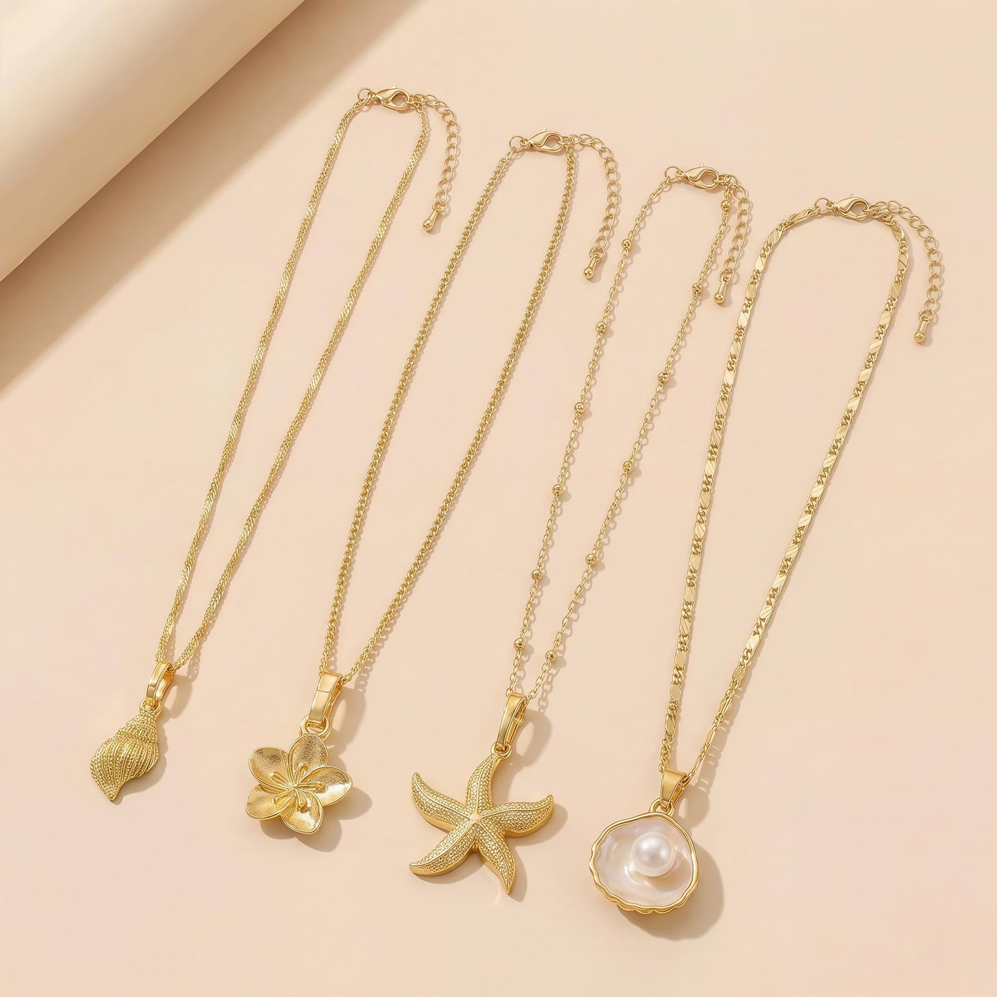 Shell Starfish Necklace for Women, Gold Plated Boho Layered Pendant Necklace with Pearl Conch Charm, Dainty Coastal Summer Beach Vacation Jewelry Gifts(Flower)