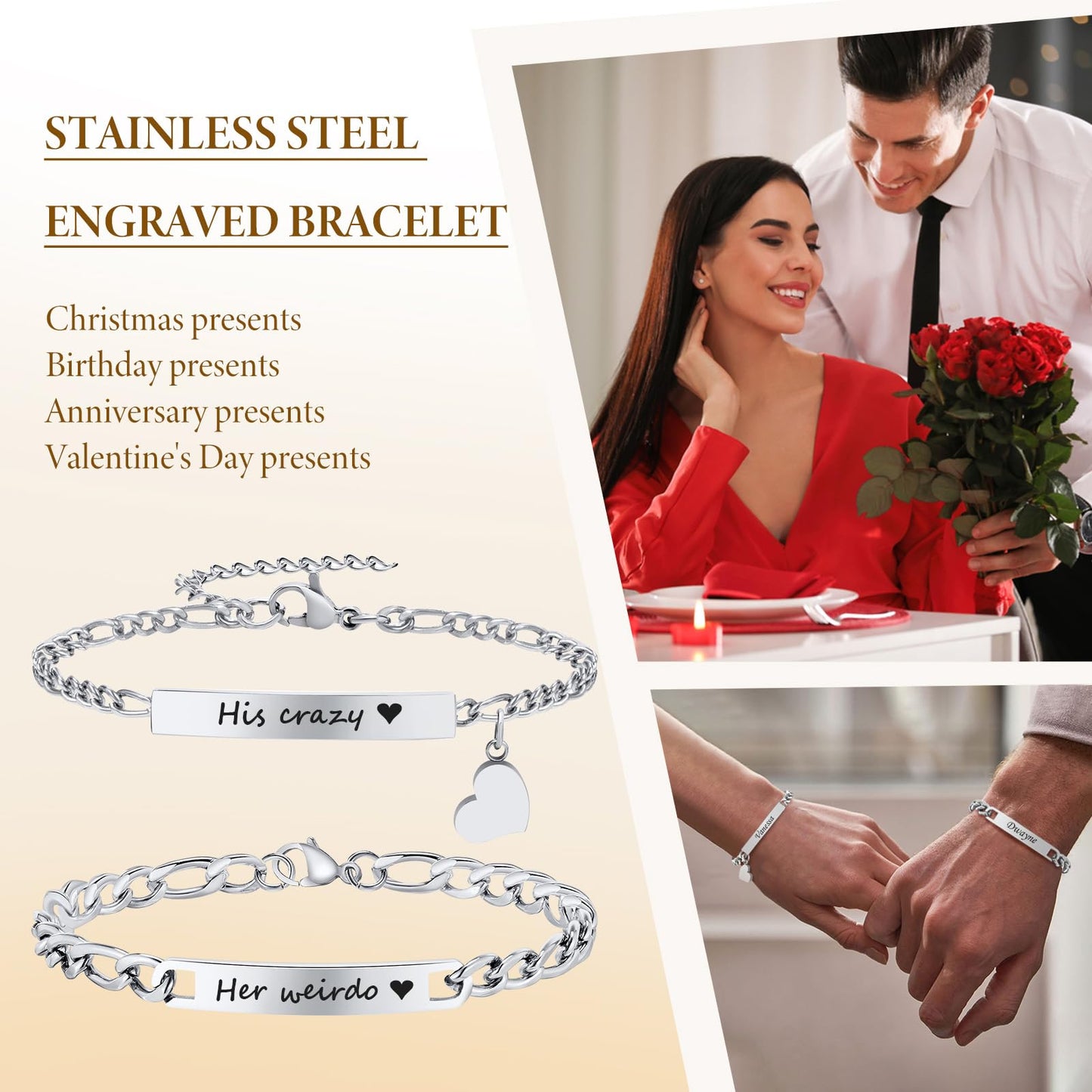 Personalized Matching Bracelet for Couple - Free Engraving Custom Couples Bracelets,Hypoallergenic Adjustable Stainless Steel Long Distance Relationship Bracelet,Promise Bracelet Gifts for Him and Her