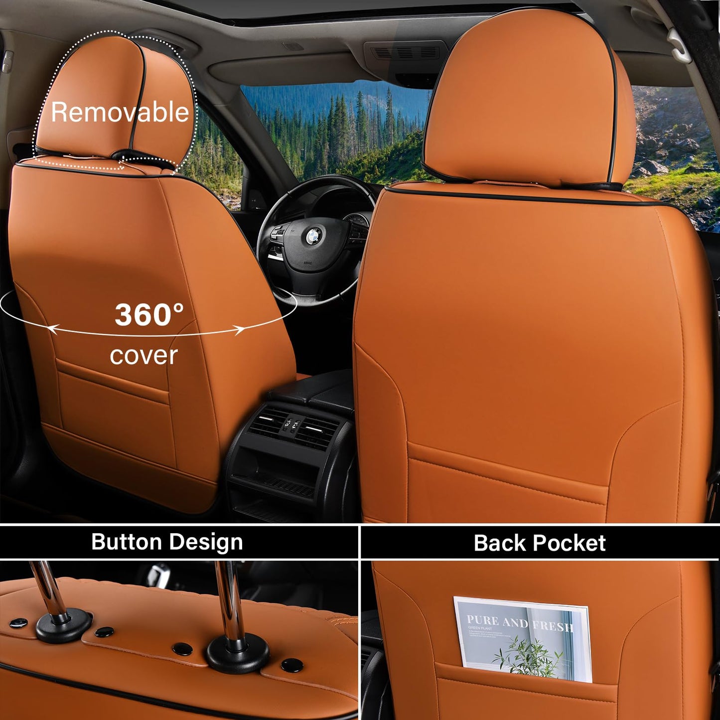 Coverado Car Seat Covers Full Set, 5 Piece Car Seat Protector with Removable Headrest, Nappa Leather Breathable Front Rear Seat Cushion Side All Wrapped Universal Fit Truck Automotive Most Cars Brown