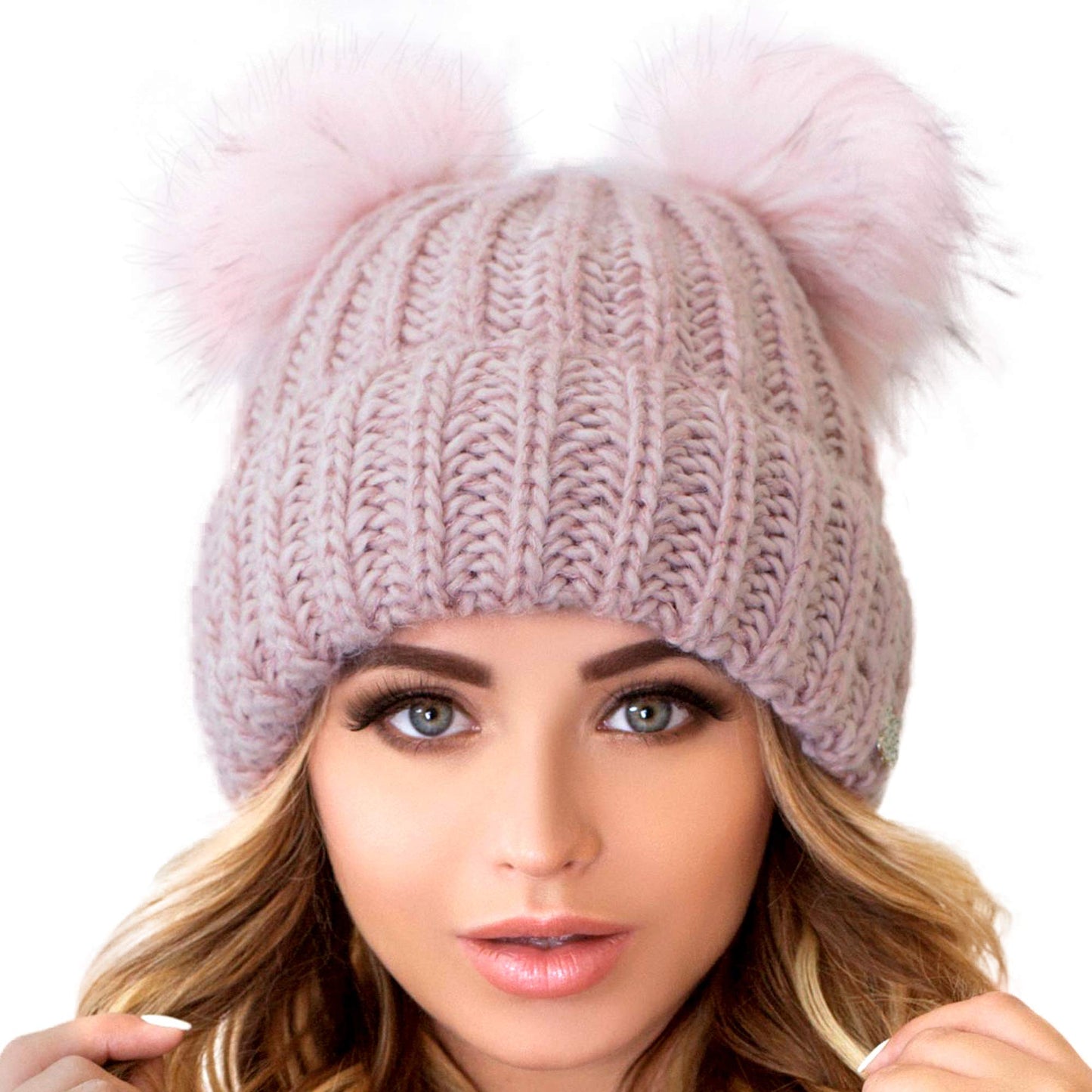 Braxton Beanie for Women - 2 Pom Cable Knit Winter Warm Fleece Hat - Wool Snow Cuff Ski Cap