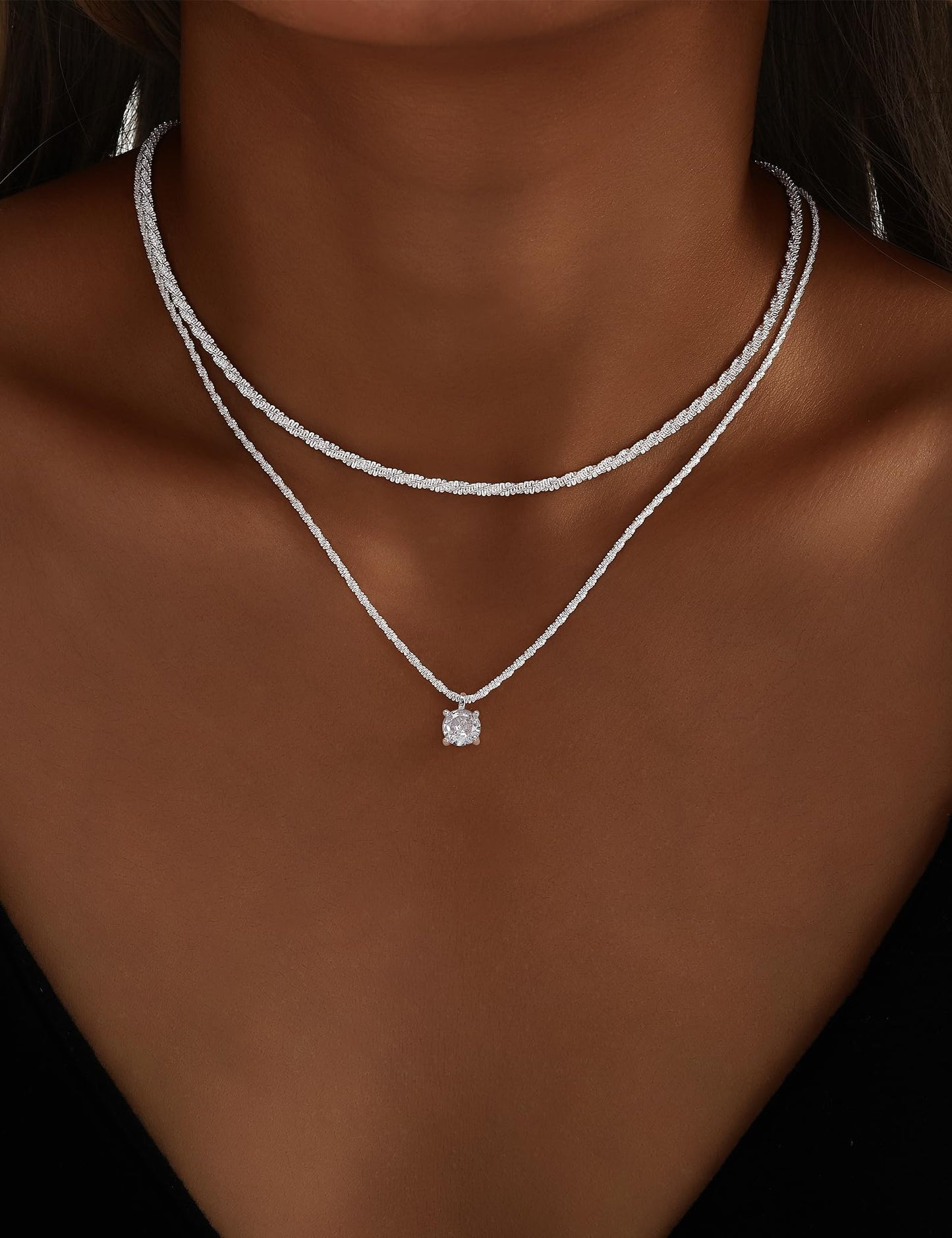YEEZII Layered Gold Necklaces for Women Trendy, 3 Pcs 14K Gold Plated Choker Paperclip Box Chain Necklace, Stackable Women's Gold Pendant Necklaces Jewelry Set (Silver-A)