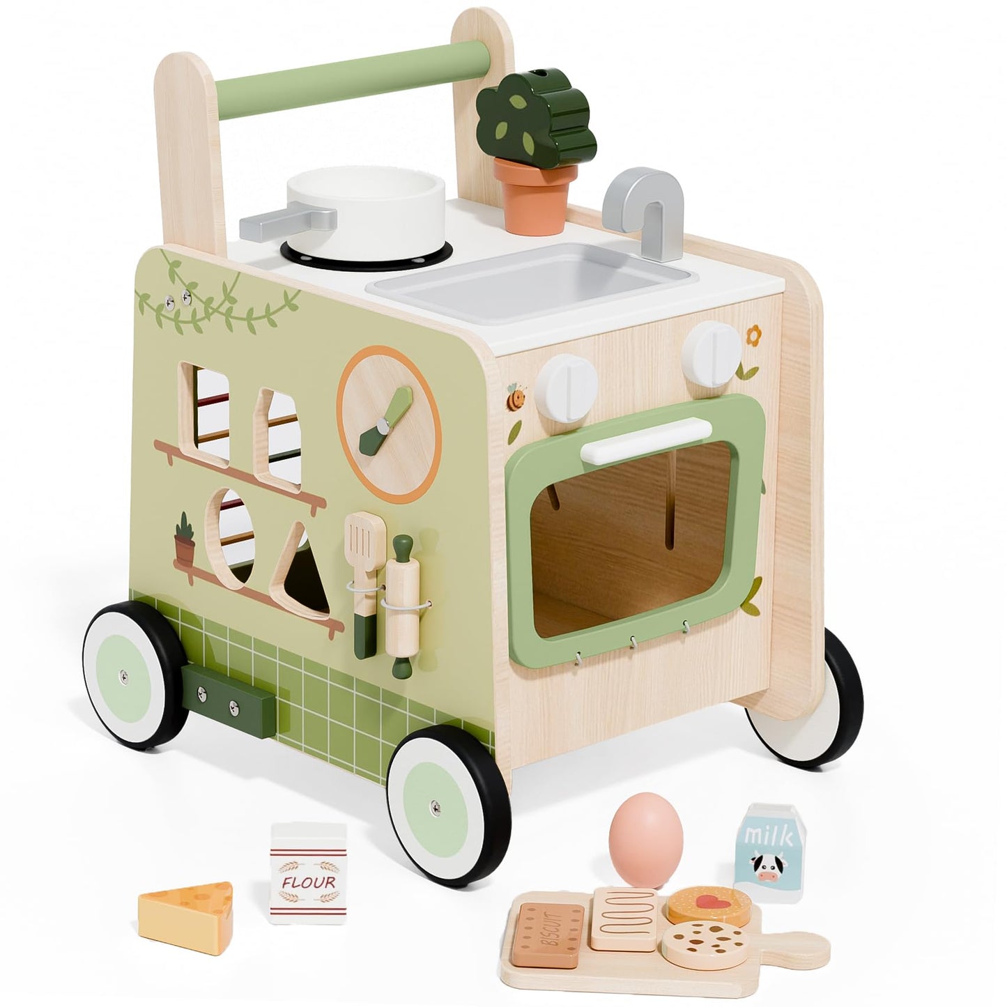 Baby Push Walker -Wooden Push Walker Montessori Toy- Toddler Learning Activity Walker for Girls Boys 1-3 Years - Pretend Kitchen Playset Ideal for Toddlers(Green )