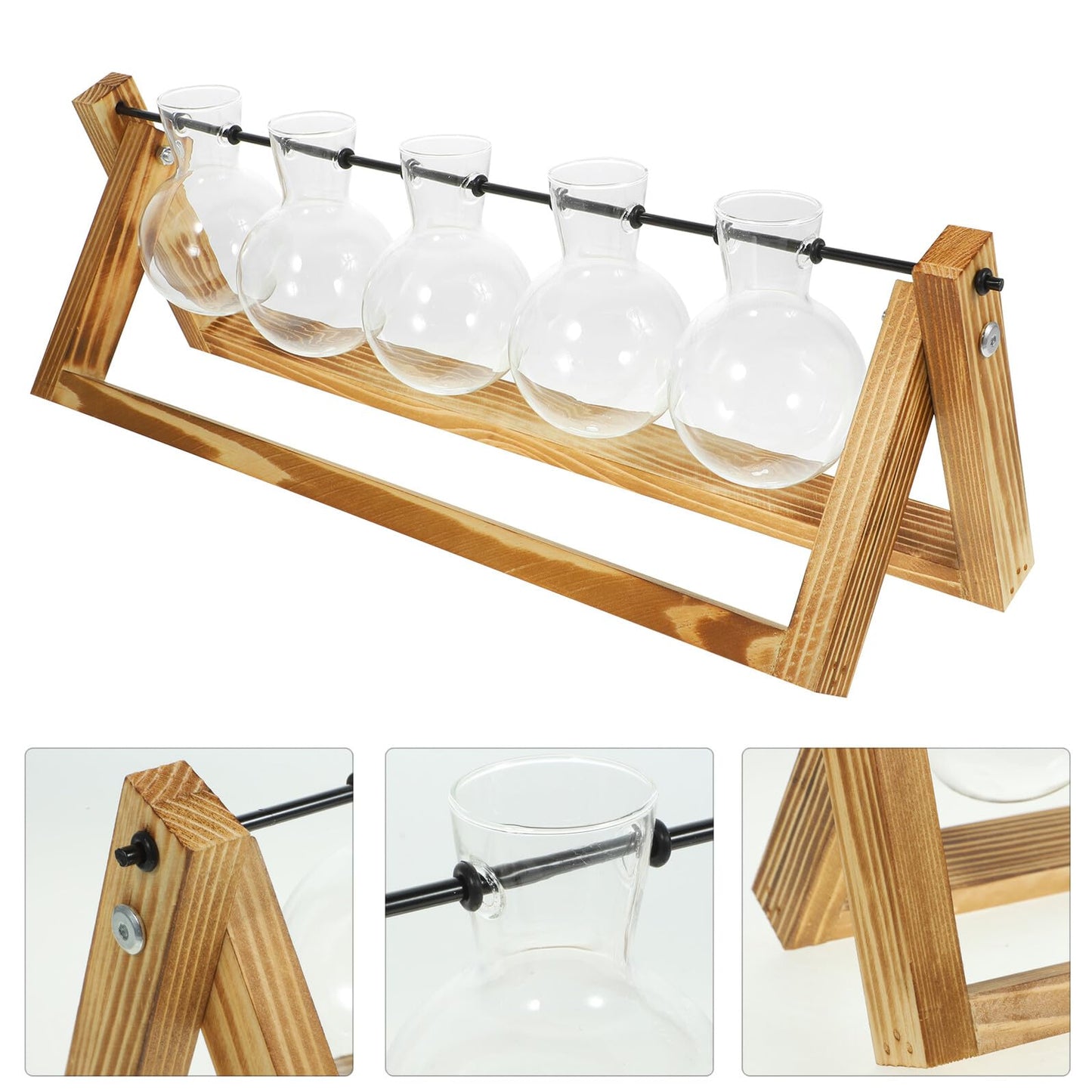 NIYANGLE Glass Propagation Station Set with 5 Small Glass Vases and Wooden Stand for Hydroponic Plant Terrariums, Tabletop Flower Vases for Home Décor and Indoor Gardening